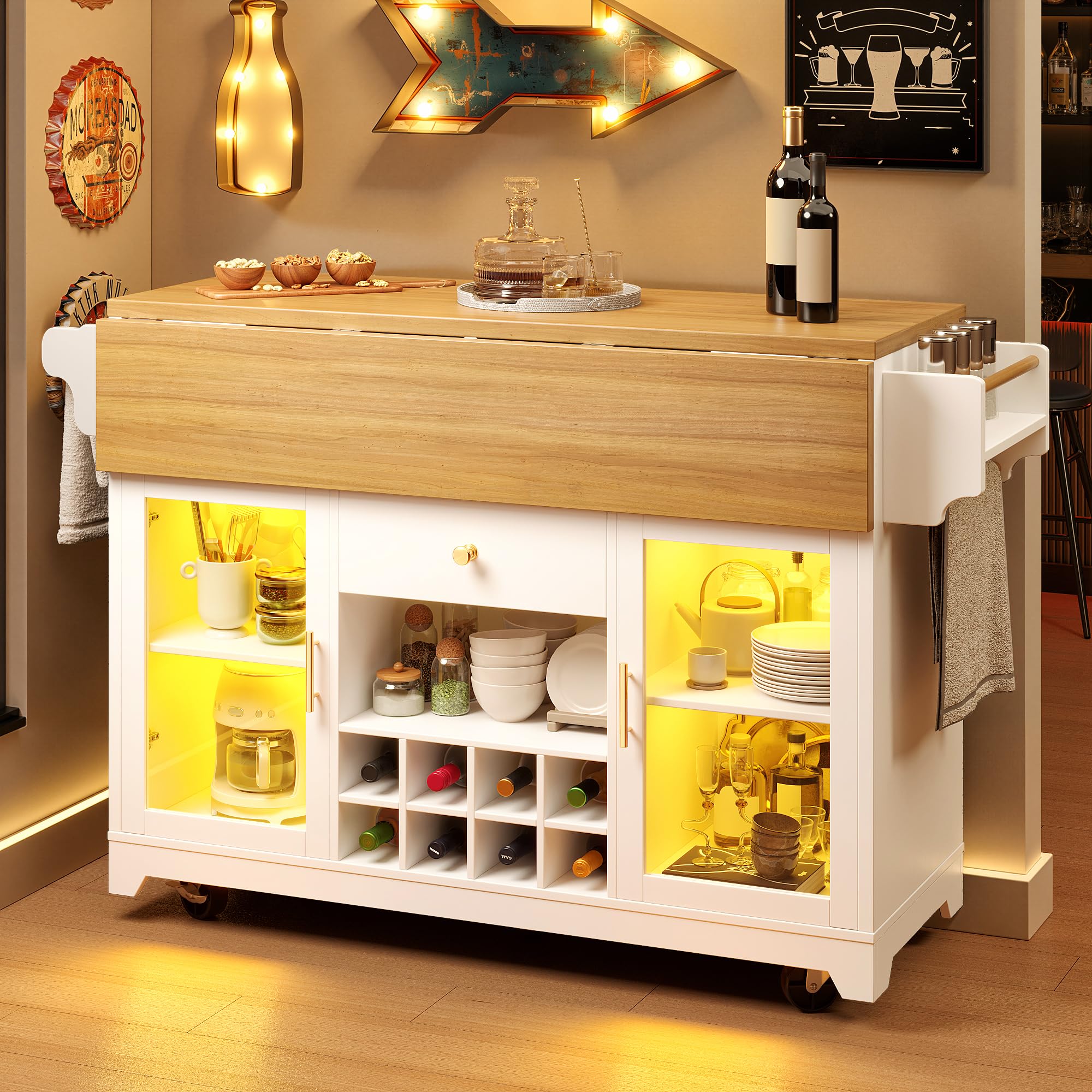 Carrito para servir con iluminación LED RGB, mesa plegable por ambos lados, estantes ajustables y estante para vino móvil, altura ergonómica de 95 cm, color blanco
