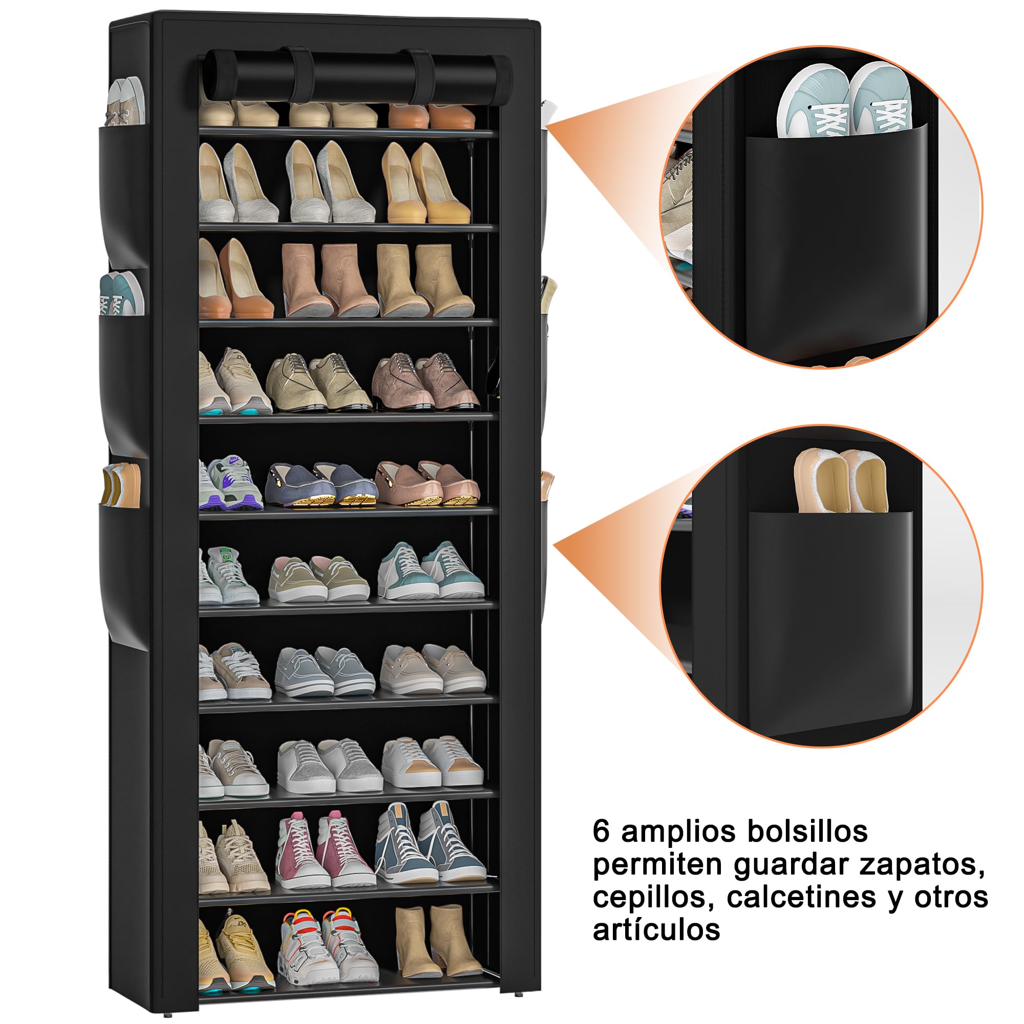 OYREL Zapatero Tela de 11 Niveles, Organizador de Zapatos con Funda de Tela,Zapatero Grande y Alto para 36-41 Pares, con Bolsillo Lateral Grande en Ambos Lados, para Armario Entrada