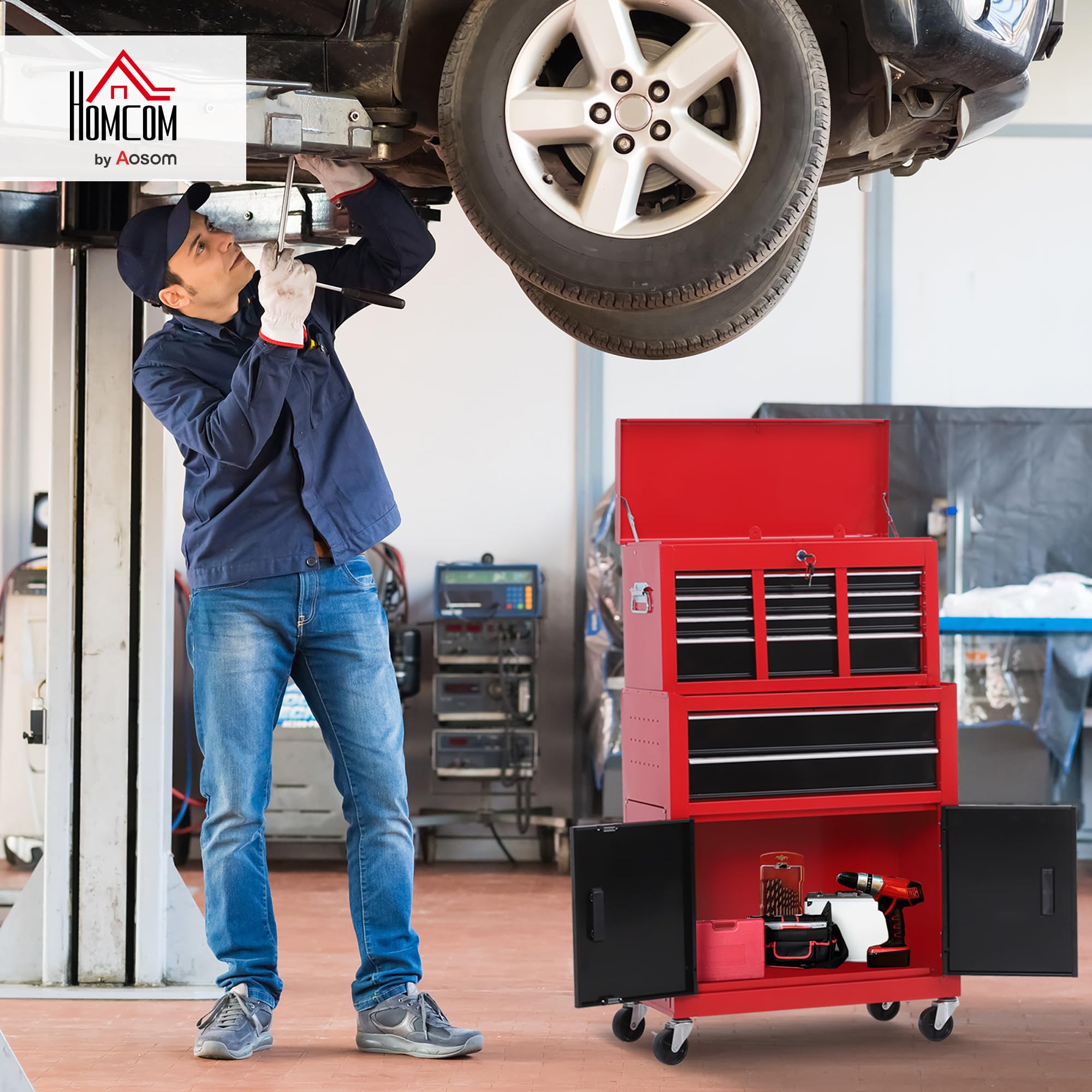 HOMCOM Carrello Portautensili 2 in 1 con 6 Cassetti e Armadietto Rimovibile, Carrello Porta Attrezzi con Serratura e Ruote, Cassettiera Officina in Acciaio per Garage 61.6x33x108 cm Rosso