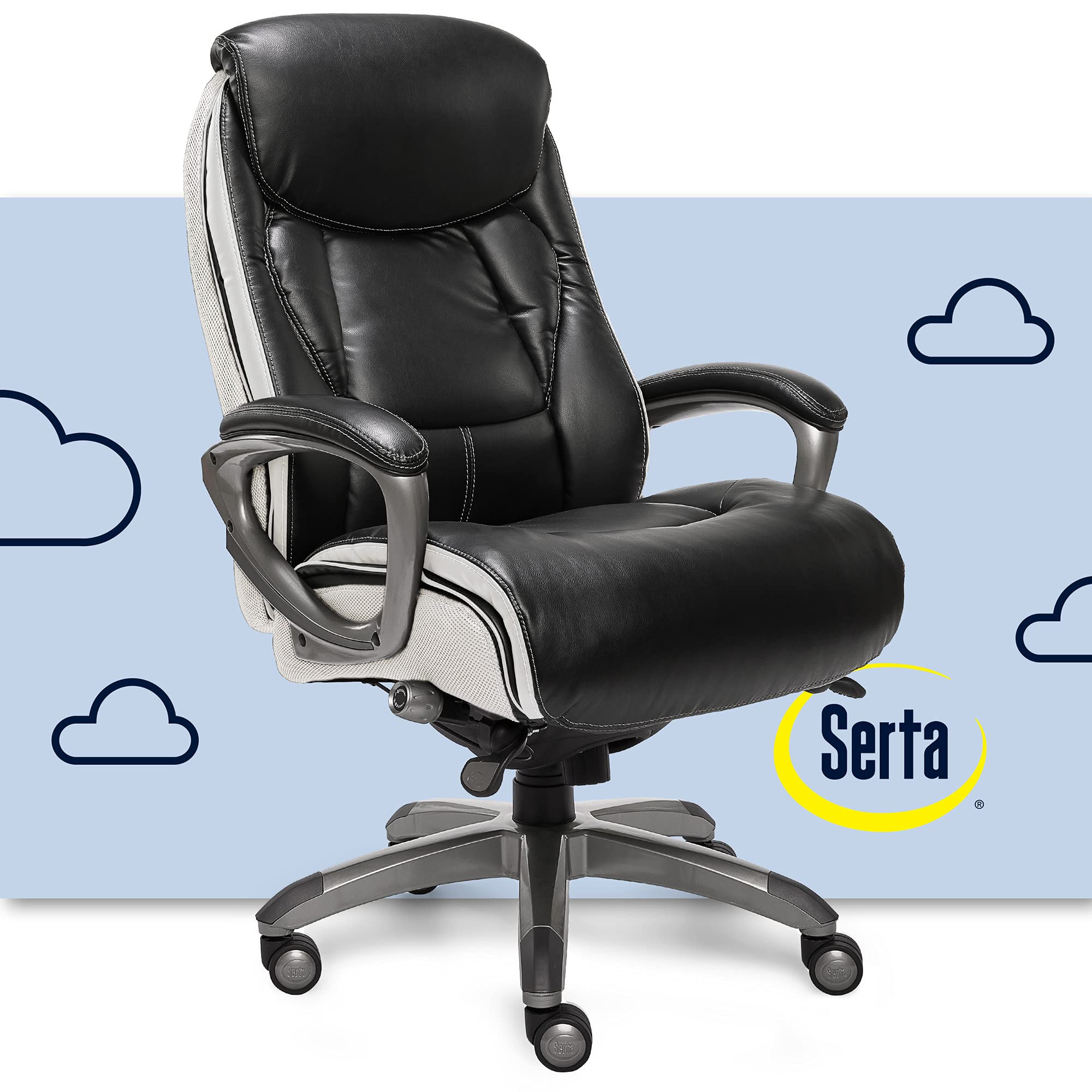 Serta 44942 Executive Office Chair with Smart Layers Technology | Leather and Mesh Ergonomic with Contoured Lumbar and ComfortCoils | Black & White