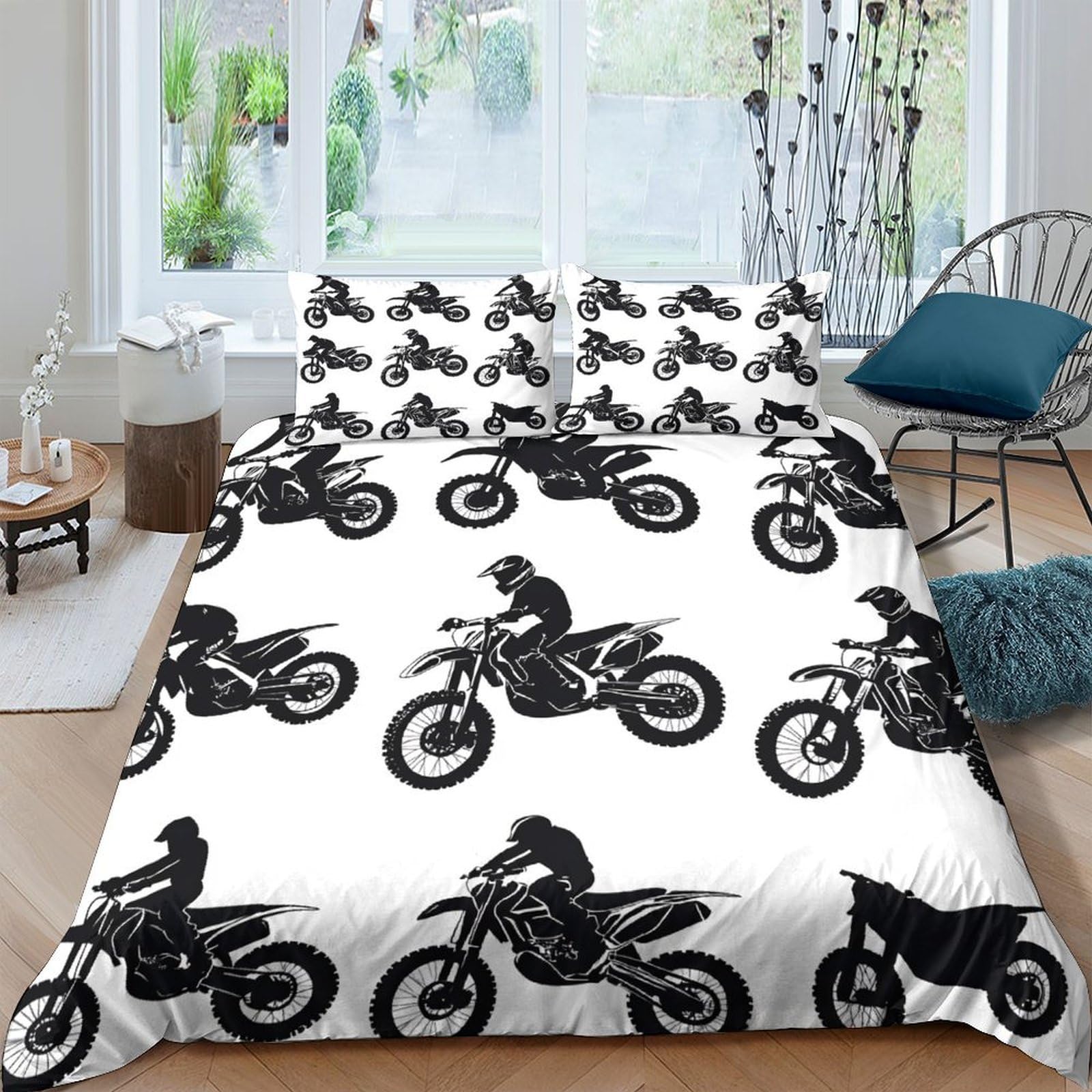 GPLZQXKJNH 3D Printed Motorcycle Rider Duvet Cover Microfiber Soft Breathable Motocross Bedding Set with 2 Pillowcases for Bedroom Decor Single（135x200cm）