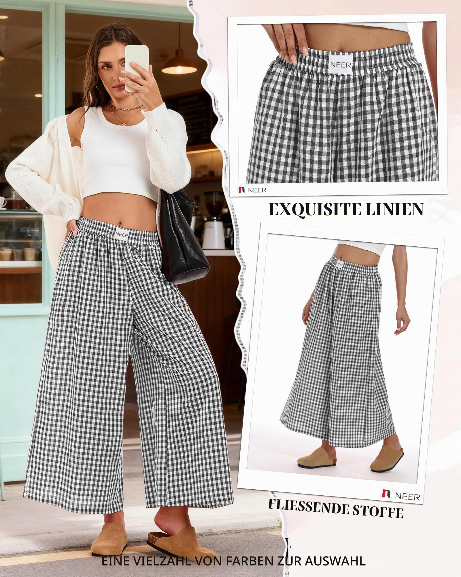 Neer Damen Culottes Gingham-Hose Oversize-Passform weites Bein, elastischer Bund Palazzo-Hosen im Casual-Stil mit Taschen