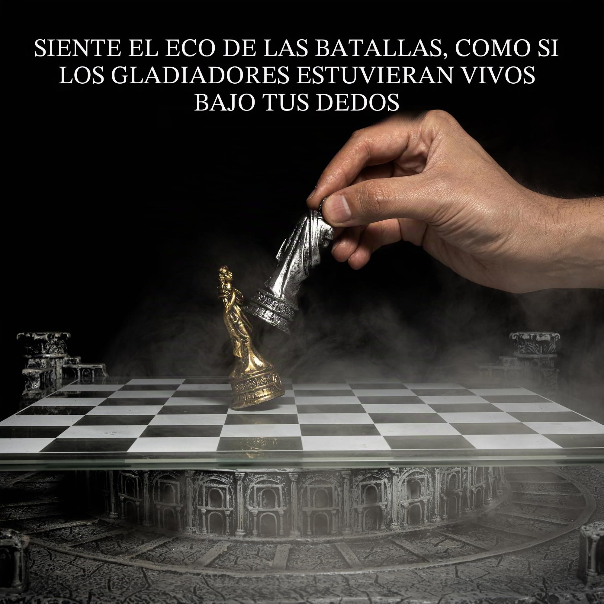 Tablero Ajedrez Profesional Antigua Roma 40x40cm Base de Cerámica | Superficie de Vidrio y Piezas en Resina Oro y Plata - Juego de Mesa Coliseo e Imperio Romano - Idea de Regalo Hombre y Mujer