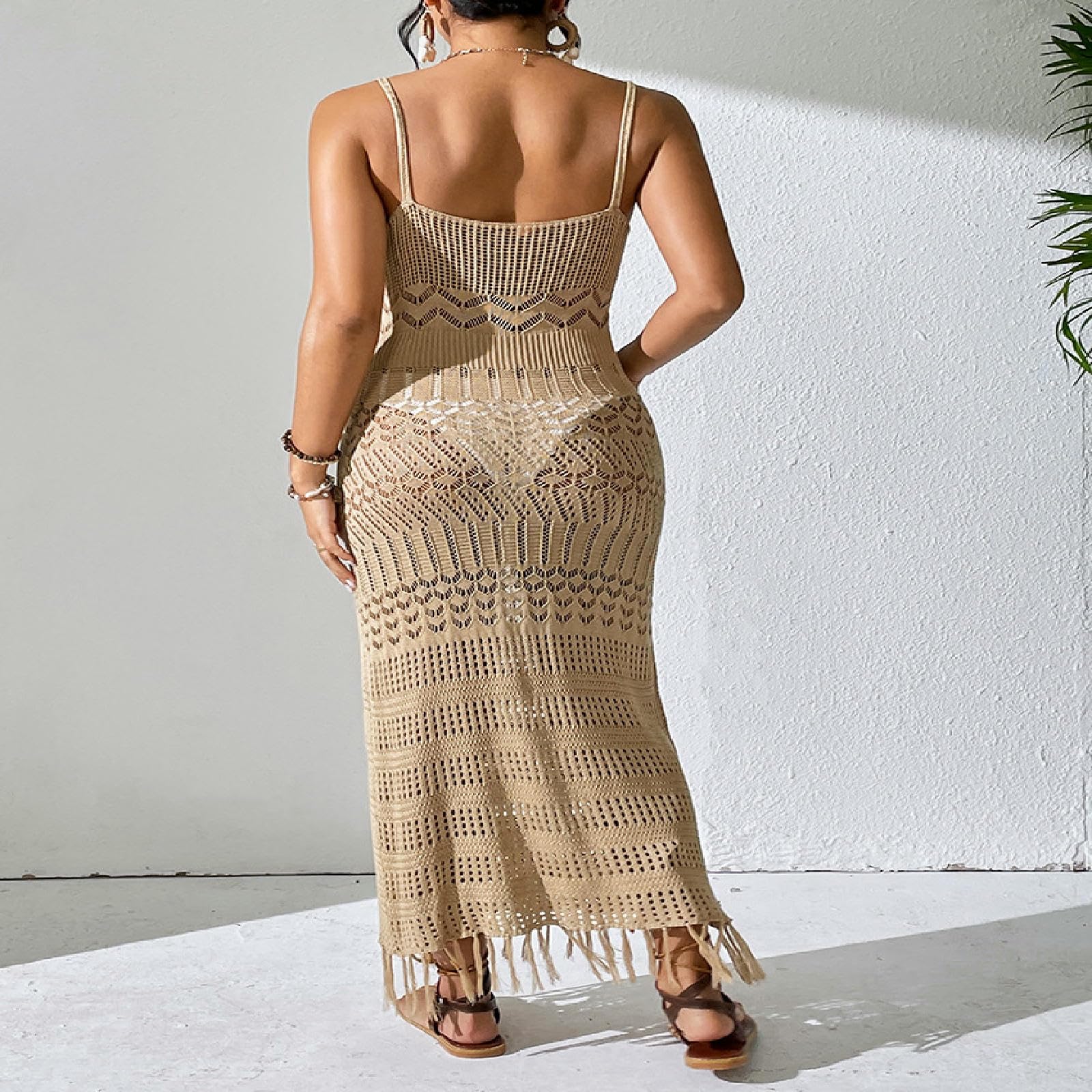 Abiti da Donna Abito Lungo con Spalline Sottili Scavate, Spiaggia Aderente Nappe, in Maglia Scollo A V-Bianco-XL