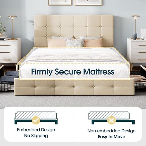 Miniatura 23 de WEEWAY Base de cama de plataforma tamaño Queen con 4 cajones de almacenamiento, cabecera capitonada con botones de costura de diamante, base de