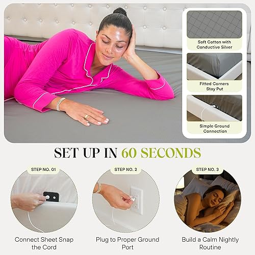 Miniatura 3 de Grounding Sheets - Paquete de sábanas para dormir de tamaño Queen, 90% algodón orgánico + 10% fibra de plata pura, sábanas de tierra con cable de