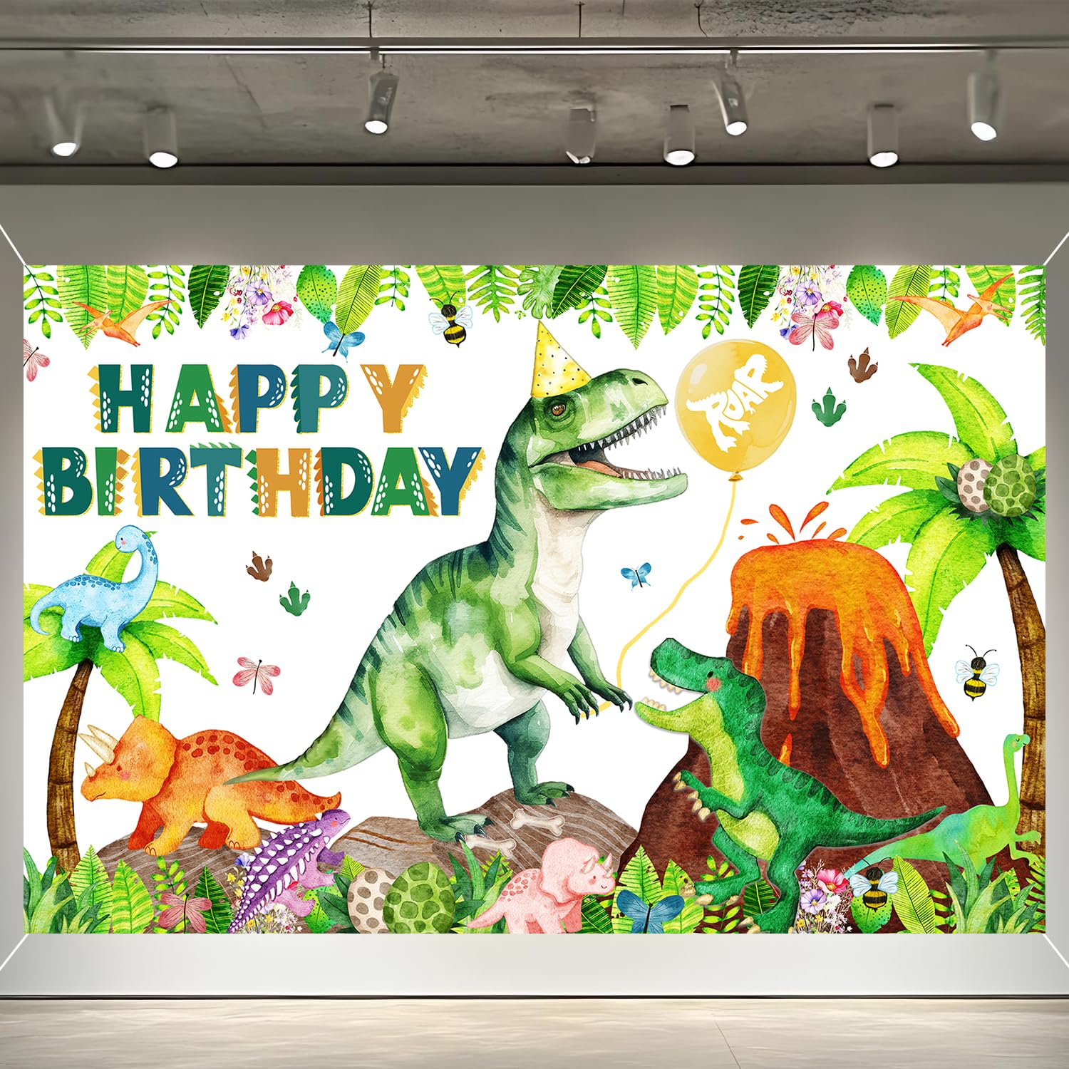 Dinosaur birthday party backdrop banner (Green Dino Happy Bday 7 * 5ft) — image 1