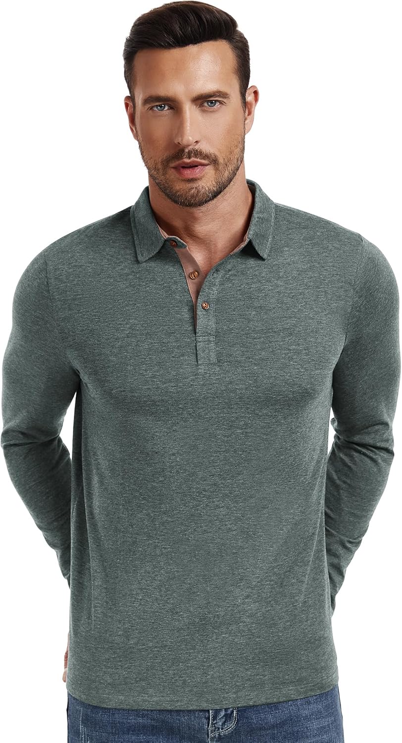 PEGENO Mens Polo Short/Long Sleeve Shirt Classic Button Basic Solid Color Designed Collared Polo Shirt Fashion Casual Shirts - Image 2