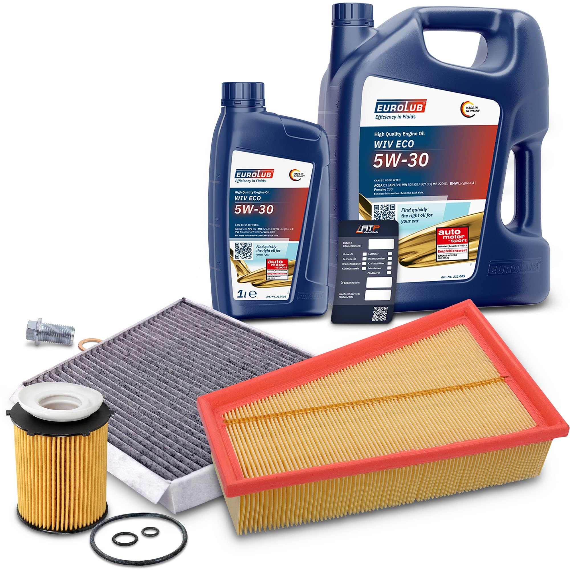 BESTPRICE Inspektionspaket Filterset mit 1x Ölfilter, 1x Luftfilter, 1x Innenraumfilter, 1x Ölablassschraube, 1x Motoröl 5W-30 WIV ECO SAE 6 l, KOMPATIBEL MIT - A-Klasse, B-Klasse, CLA Coupe