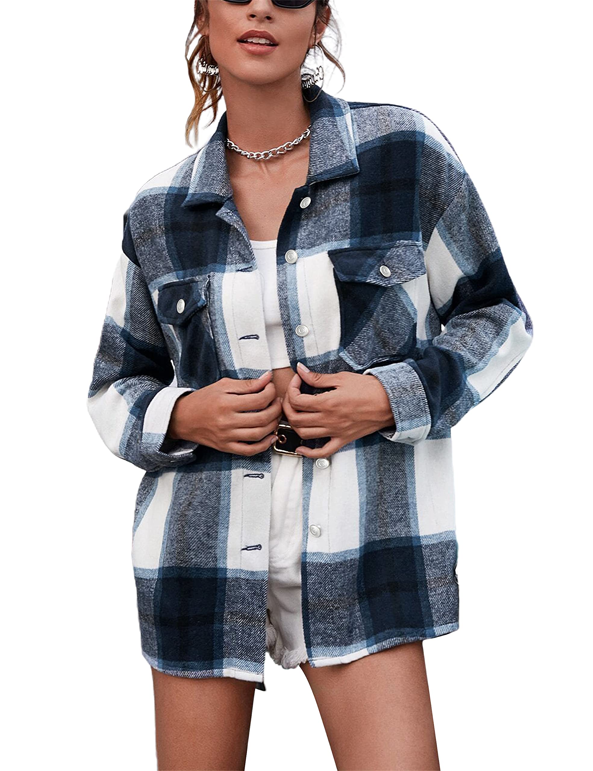 UaneoWomens Plaid Shacket Button Down Wool Blend Fall Flannel Shirt Jacket