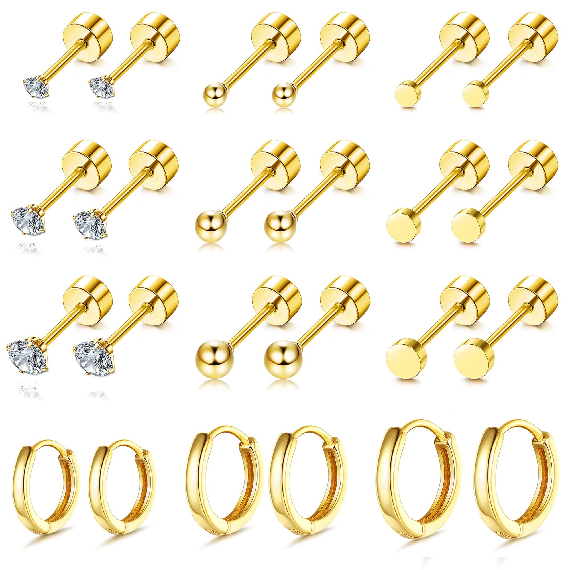Diamday 12 pares de pendientes pequeños para múltiples piercings, hipoalergénicos, chapados en oro de 14 quilates, pendientes pequeños Huggie Hoop para mujer, lóbulo de la oreja, cartílago, hélix,