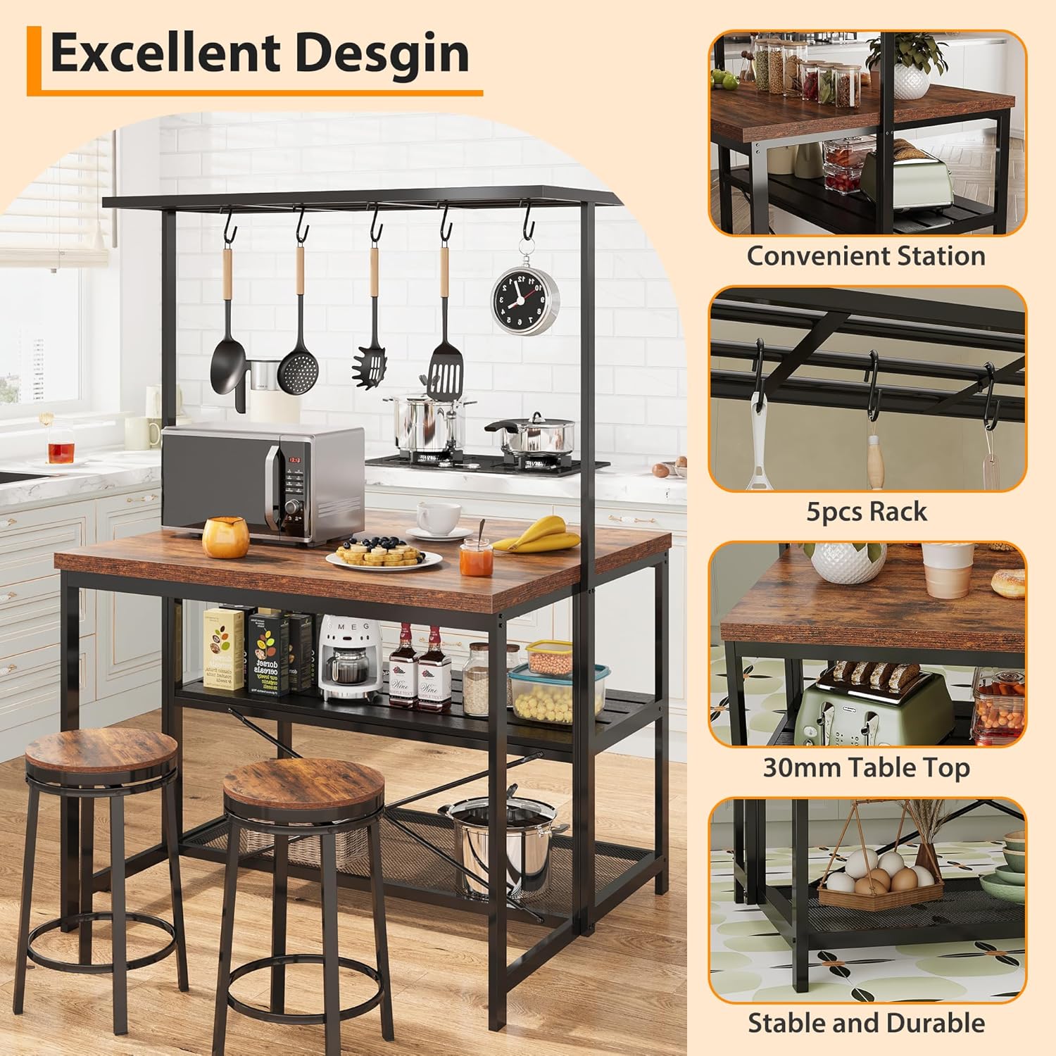 Kitchen Island with Storage, Multi-Functional Coffee Bar Station - 3-Tier Bakers Rack with Heavy Duty Steel Frame for Small Spaces (42" Farmhouse Style, Retro Color)