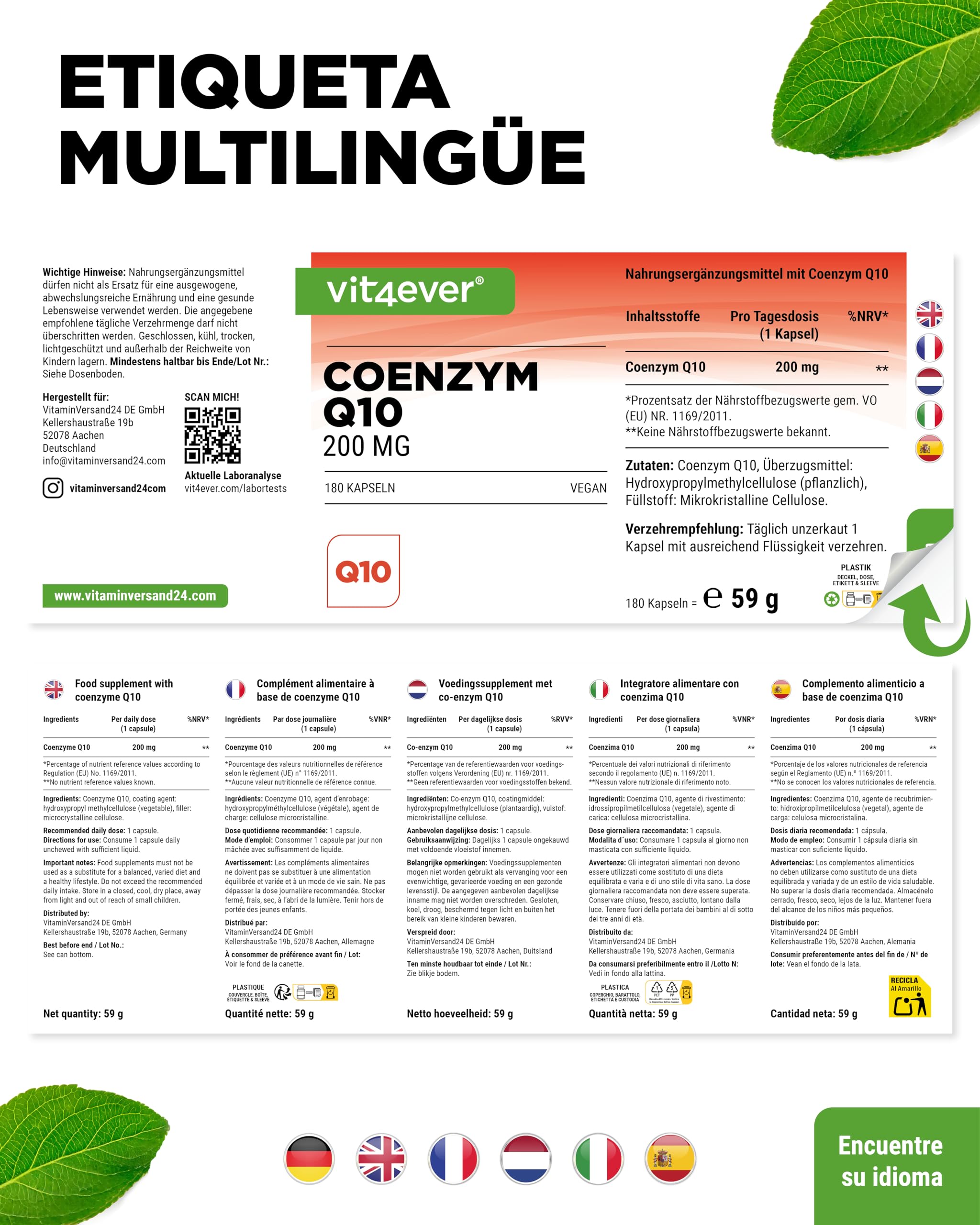 Coenzima Q10 con 200 mg por cápsula - 180 cápsulas veganas - 6 meses de suministro - Premium high dose Q10 - alta dosis, sin aditivos innecesarios