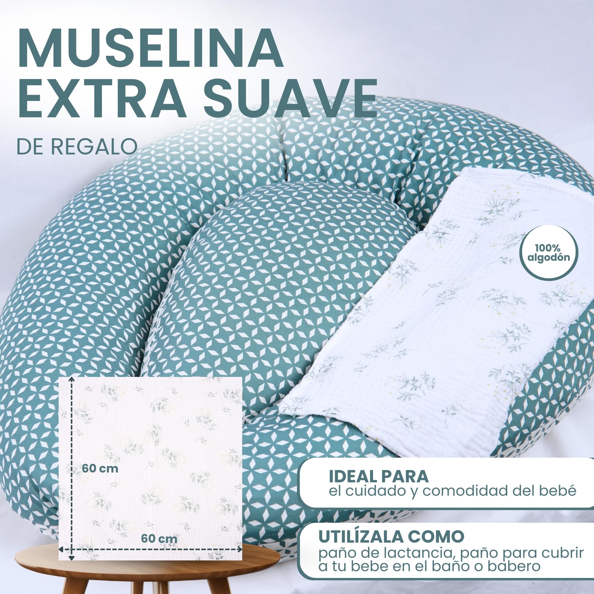 MATERNIKA Almohada Embarazada y cojin de Lactancia-XL Oeko-Tex. Multifunción 3 en 1 para Dormir, para la Lactancia y como Nido Bebe - Relleno de Espuma viscoelástica - Incluye Muselina para Bebe.