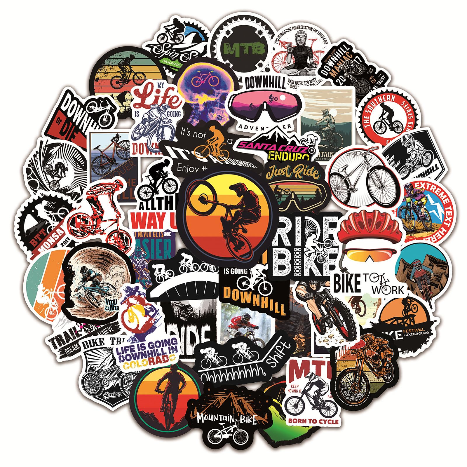 Bicycle Sticker Pack, 50 Pieces Vinyl Decals for Mountain Bikes Road Bikes, BMX, Helmets, Water Bottles, Bicycle Stickers, 7 x 8 x 1 cm