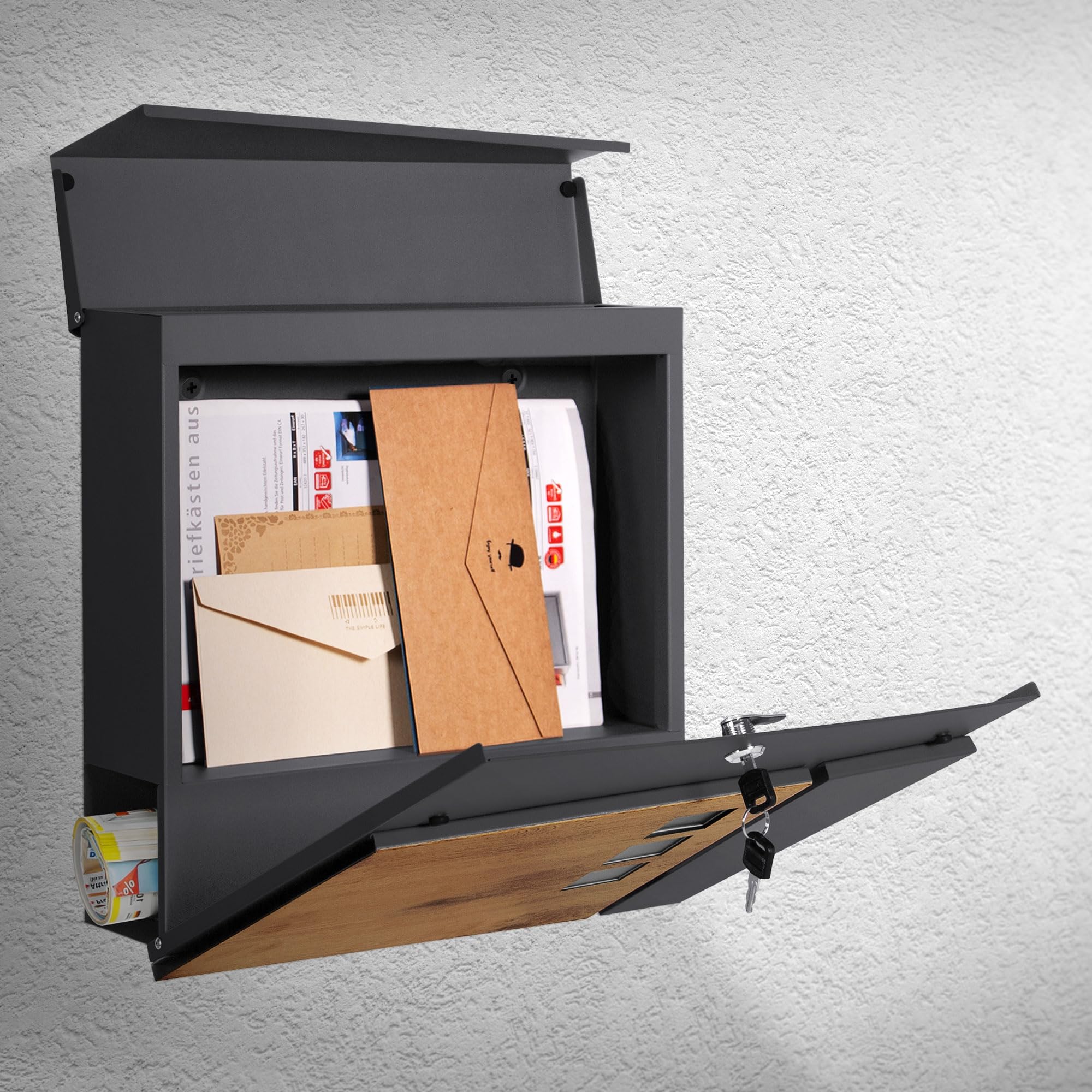 ML-Design Buzón De Correo con Compartimento para El Periódico 37x36,5x11 cm Acero Antracita Aspecto De Madera con 3 Ventanillas 2 Llaves Solapa De Cierre Total Diseño Moderno Montado En La Pared