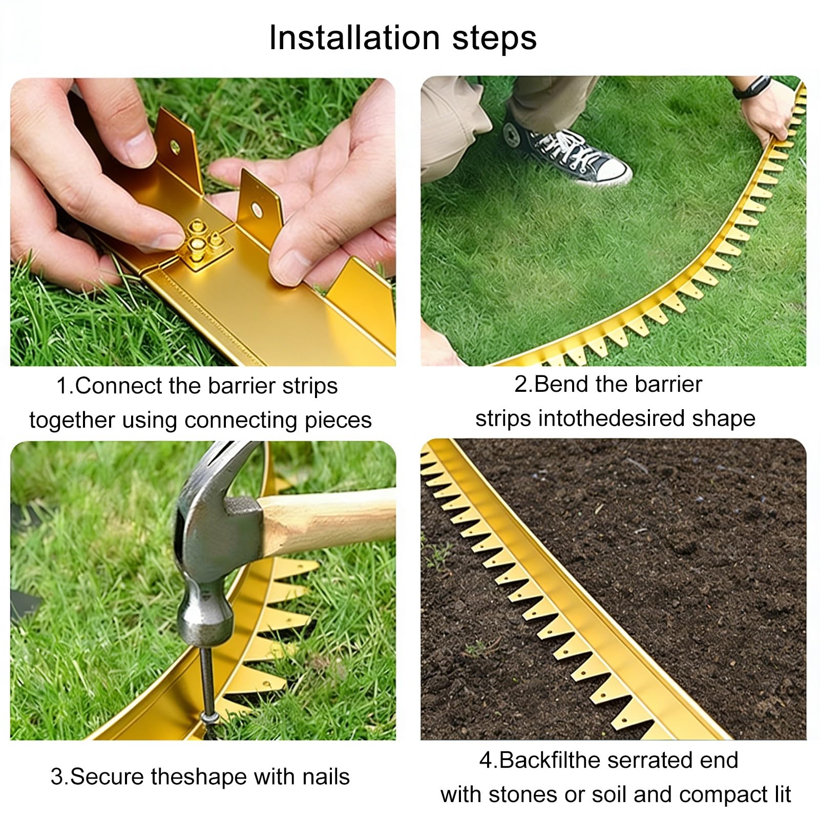 Lot de 4 bordures flexibles en plastique facile à installer avec piquets, petite clôture en métal (D, 100 x 3 x 3 cm) pour la conception de jardin et la décoration