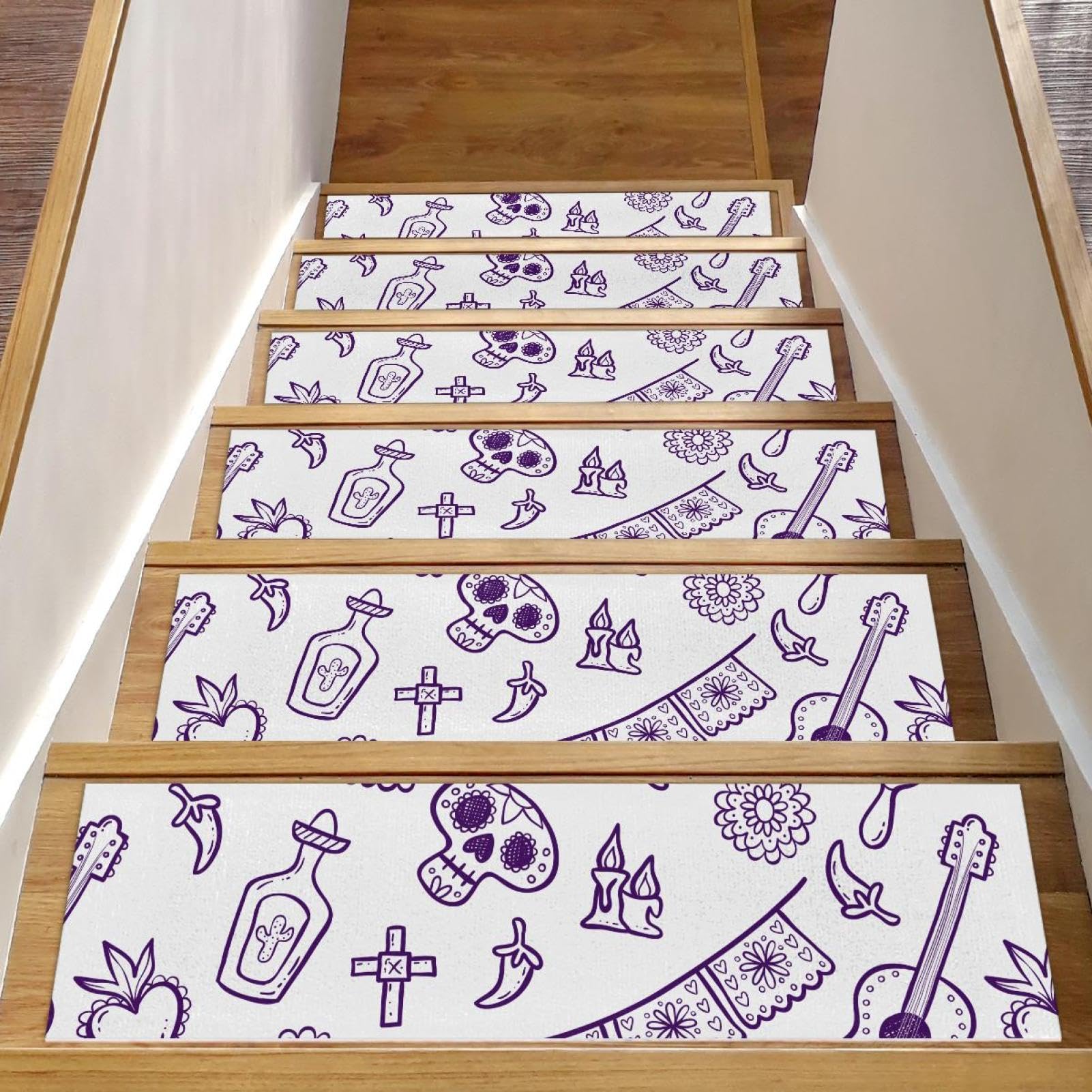 15 alfombrillas para escaleras de madera con estampado de garabatos morados antideslizantes
