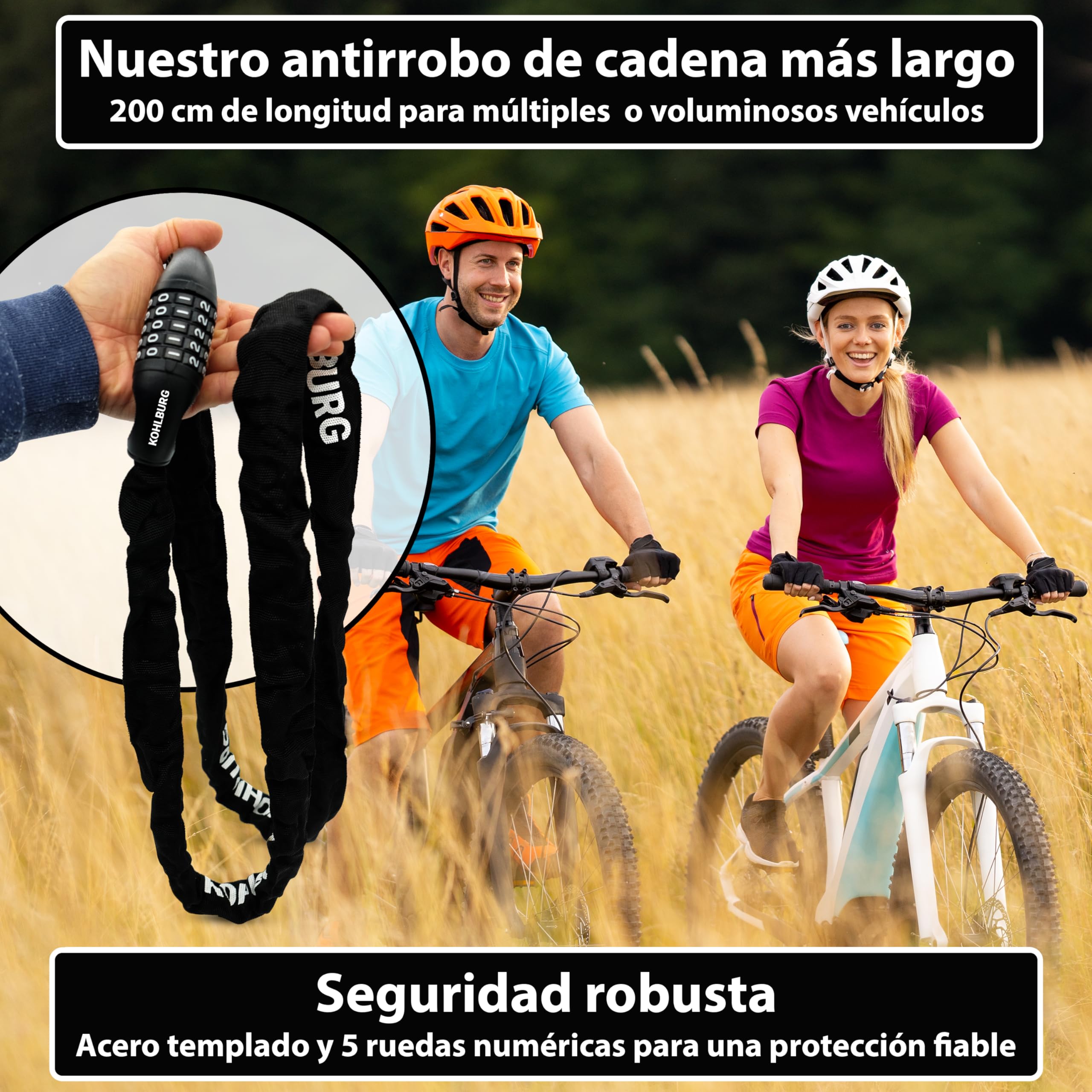 KOHLBURG Candado de combinación 200 cm, en acero especial de 6 mm, Antirrobo de bici de 2 m con código numérico, Antirrobo de cadena extra largo de 200cm, combinación numérica para e‑bike, e‑scooter