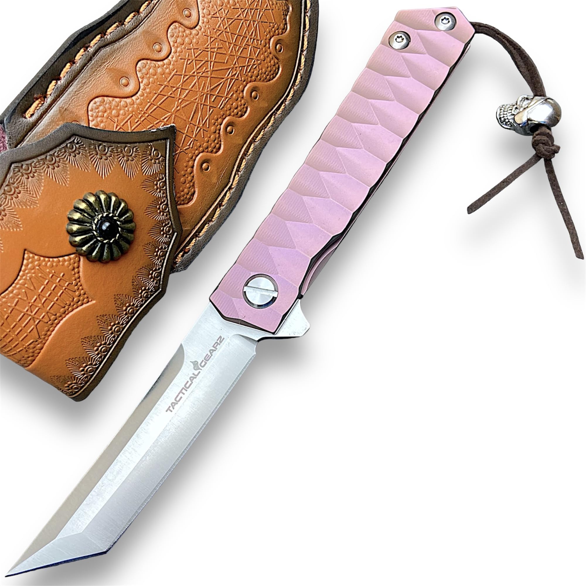 - TACTICAL GEARZ EDC Titanium Folding Pocket Knife, Solid Tc4 Titanium Handle, CPM-D2 Steel Tanto Blade (Rosegold Beast Bundle)
