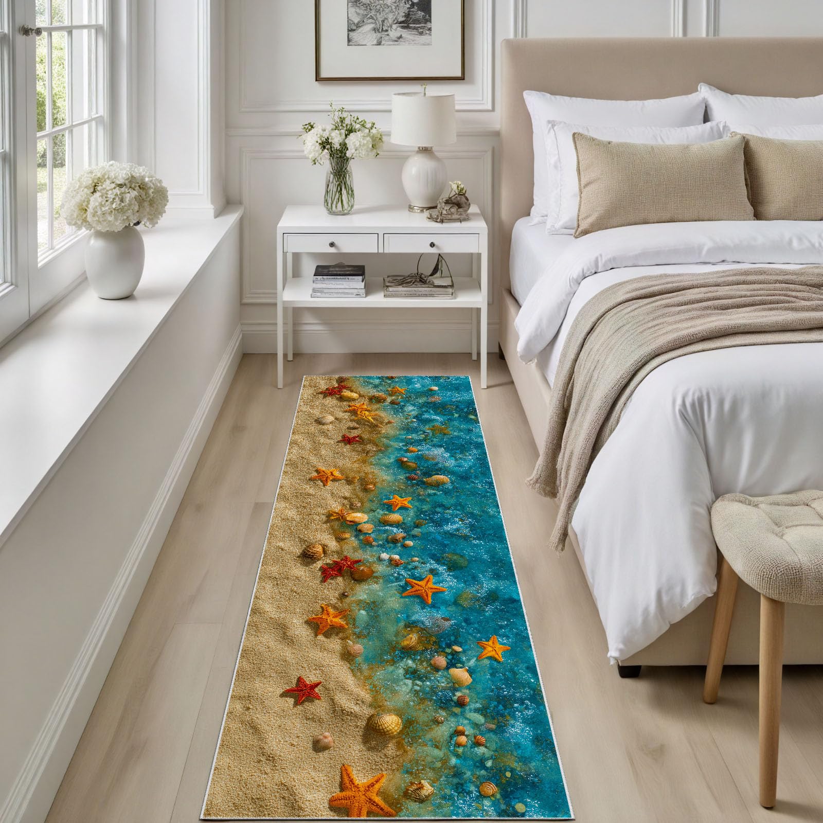 Mer Vague Plage Tapis Cuisine Devant Evier Lavable Coquillage étoile de mer Descente de Lit Antidérapant 60x180 cm Thème Océan Tapis de Passage pour Couloir, Passage, Chambre à Coucher, Salon