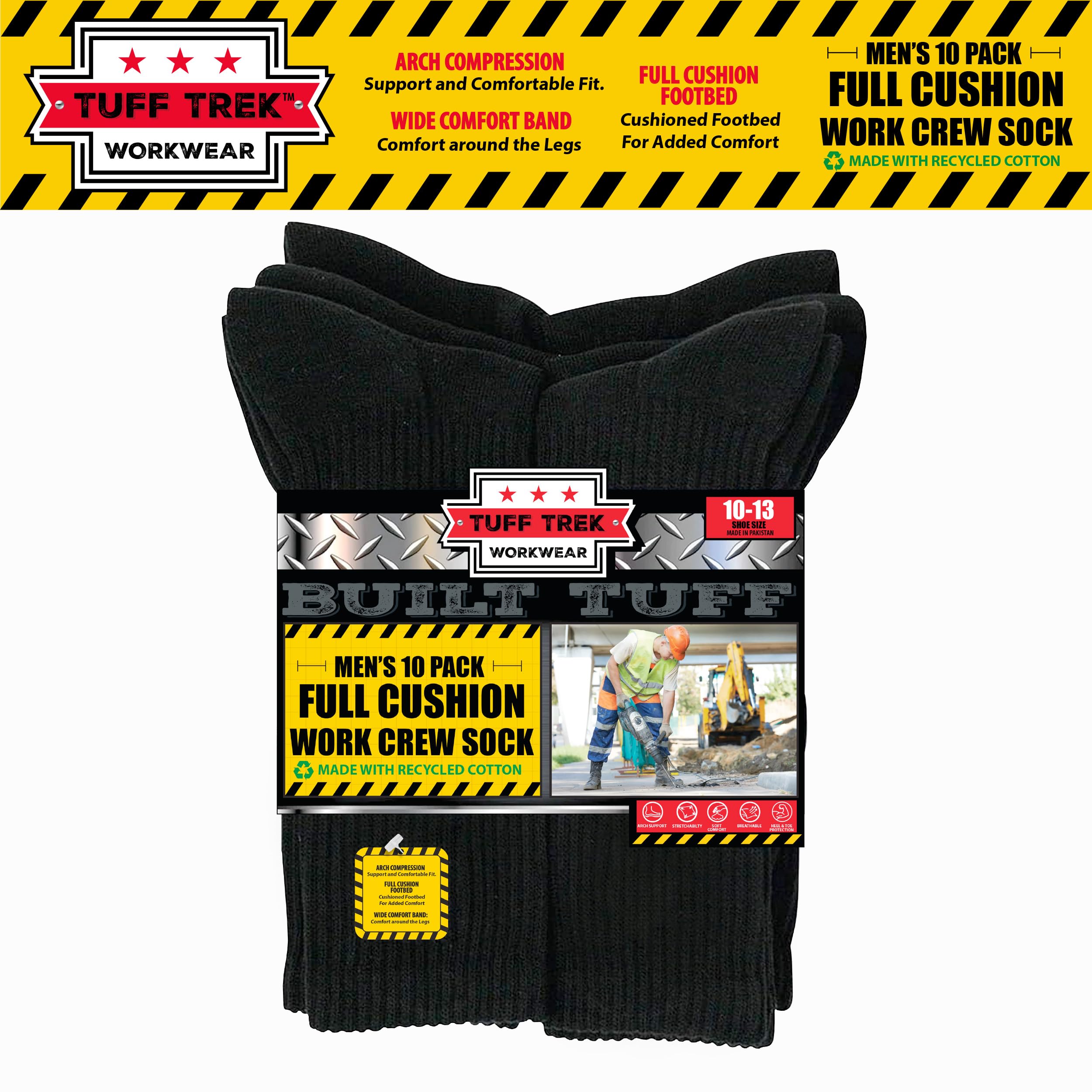 TUFF TREK Men's Moisture Wicking Cushioned Compression Crew Work Boot Socks Size 10-13