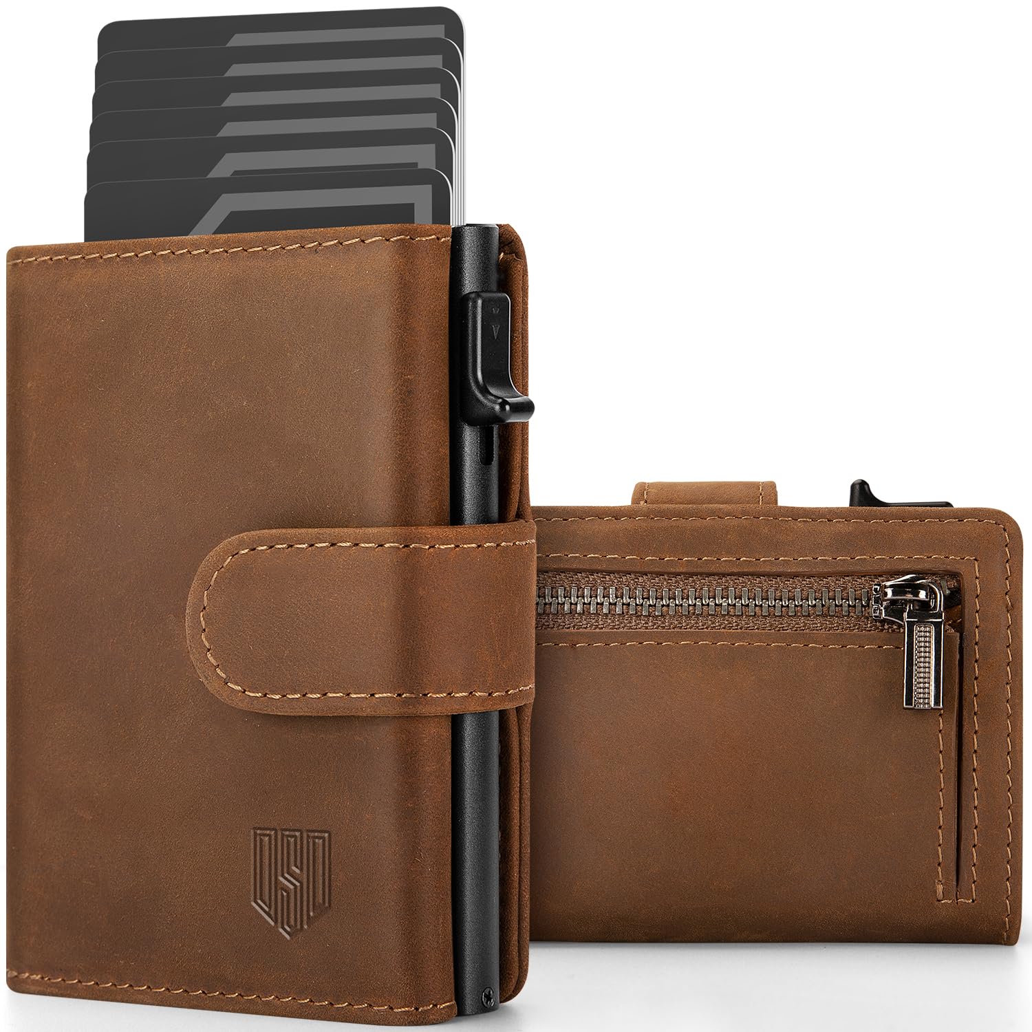 DODENSHA Portafoglio Uomo con Porta Carte di Credito e Portamonete | Slim RFID | Scomparto per Contanti | Custodia in Metallo per 8-10 Carte | Slot ID | Marrone