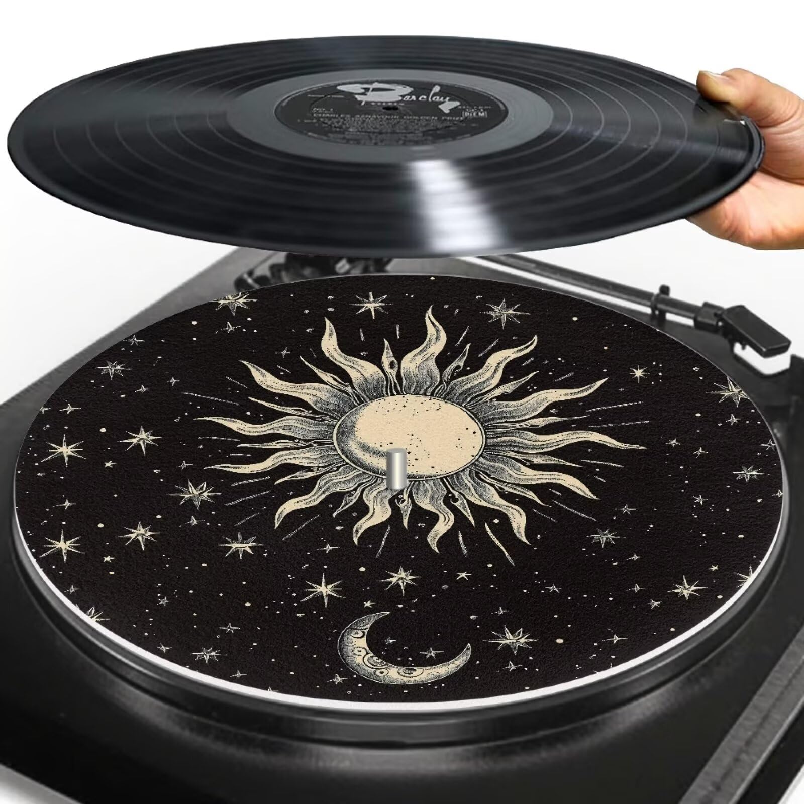 Xnshcedy Sun and Moon Turntable Platter Mat DJ Slipmats Anti Slip Felt Fabric Turntable Slipmat for 12inch Vinyl Record Player Anti Static Vinyl Record Mats Accessories,Black