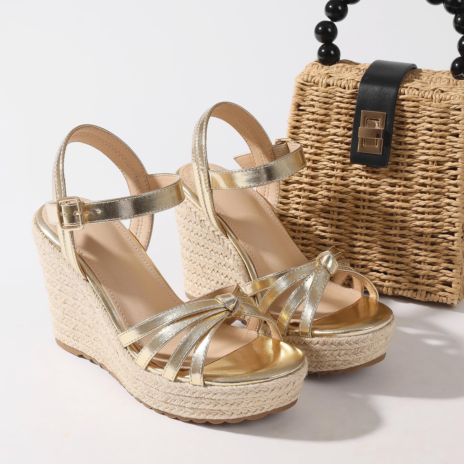 mikarka Sandals for Women 2026: Comfortable Wedge Platform Sandals Women - Braided Espadrilles for Women Ankle Strap Open Toe Wedges Heels Beach Sandals Summer Shoes: 7 3.94" Wedge Heel/Gold Metallic