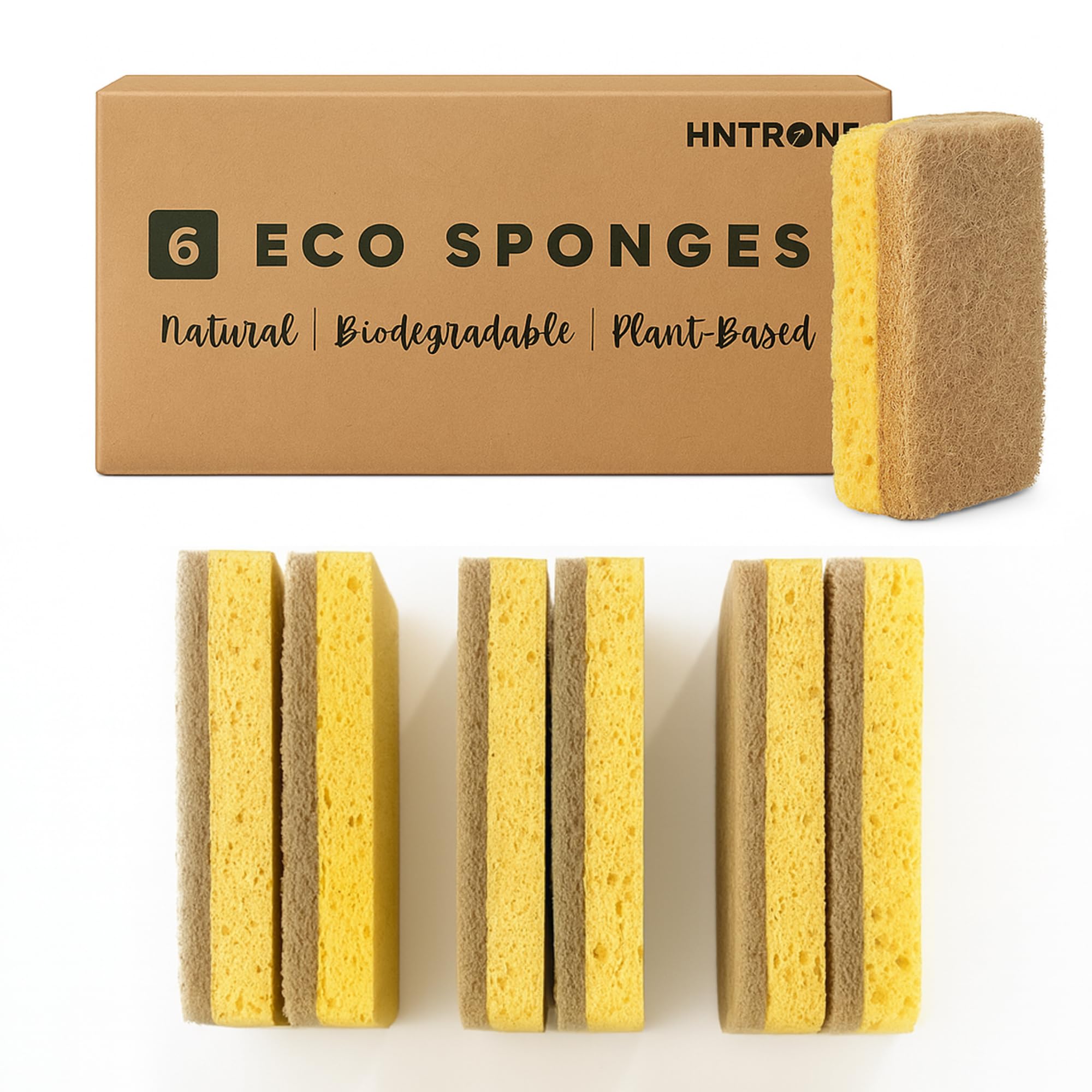 Hntr Natural Sponge Hntr® Eco Sponges Washing Up | Eco Washing Up Sponge Scourers | Natural Cellulose Sponge & Sisal Scrubber | Plastic-Free Compostable Non-Scratch S For Dishes & Kitchen Cleaning (6)