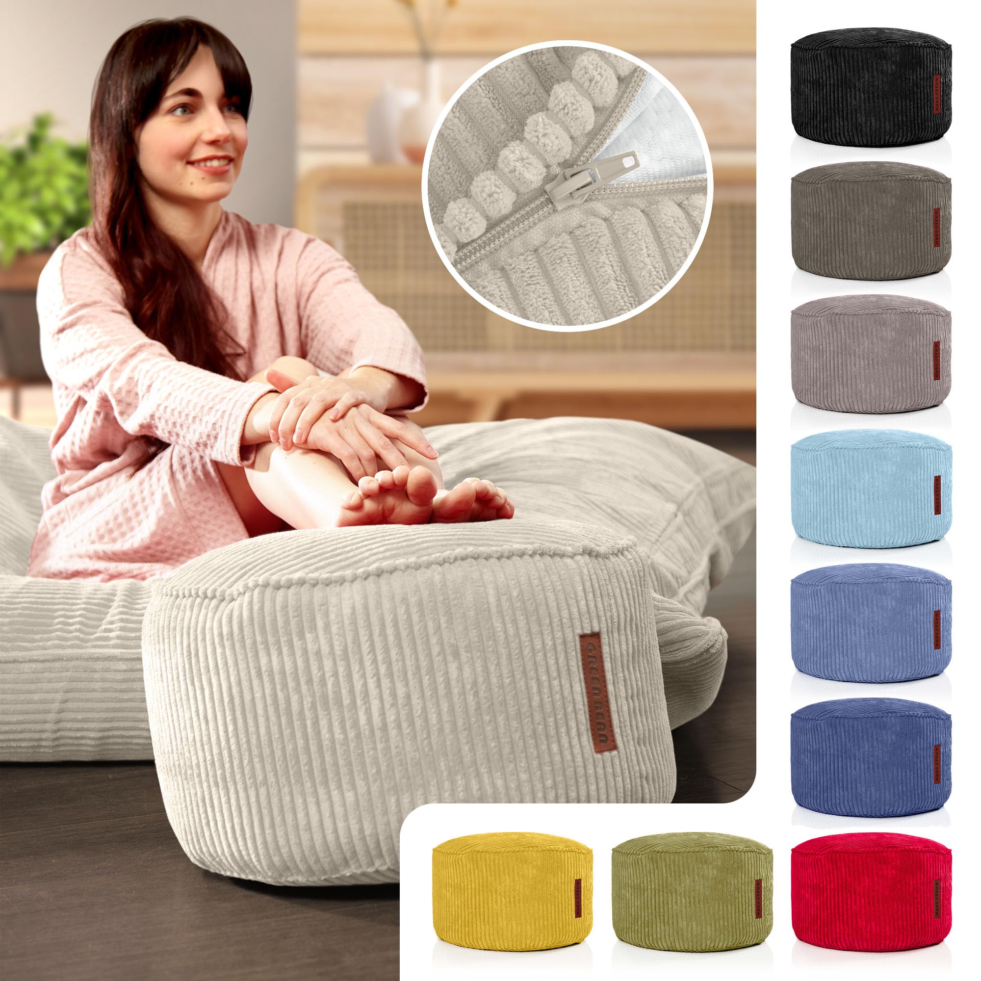Green Bean Indoor Cord Sitzhocker Pouf Stay 45x25cm mit EPS-Perlen Füllung - kuschelig weich waschbar - die ideale Ergänzung zum Sitzsack für Kinder & Erwachsene - Beige