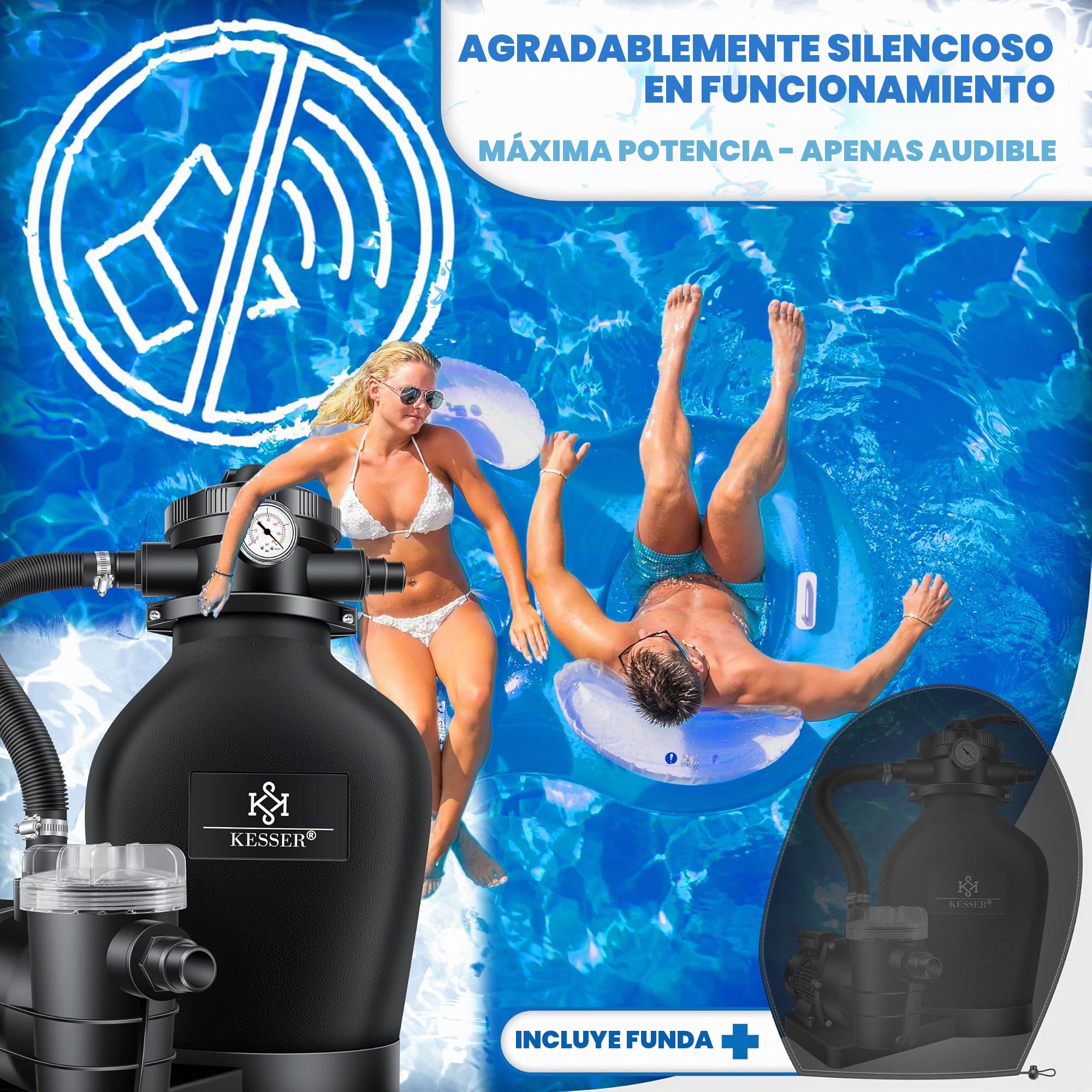 KESSER® Sistema de filtración de Arena Filtro de Arena + 700 g de Bolas de filtración reemplazan 25 kg de Arena de filtración válvula de 7 vías con indicador de presión Filtro de Piscina