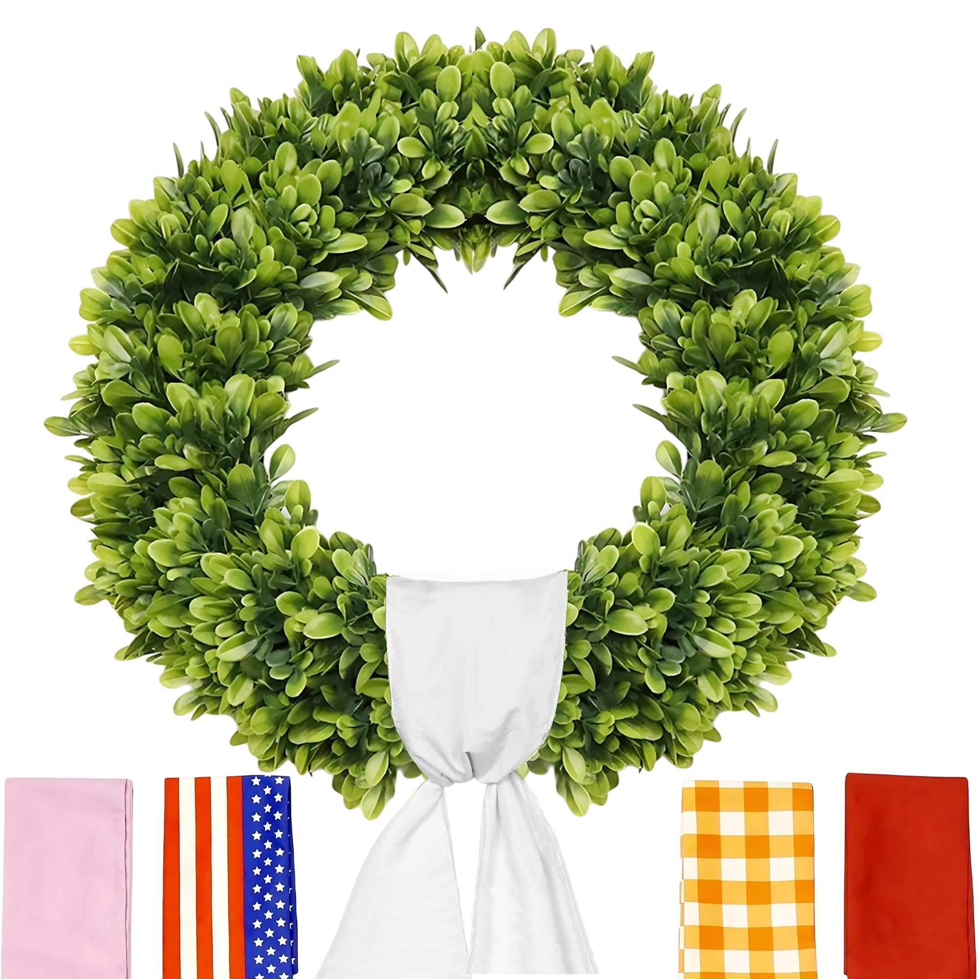 Couronne de buis artificiel 61 cm toutes saisons avec ceintures interchangeables