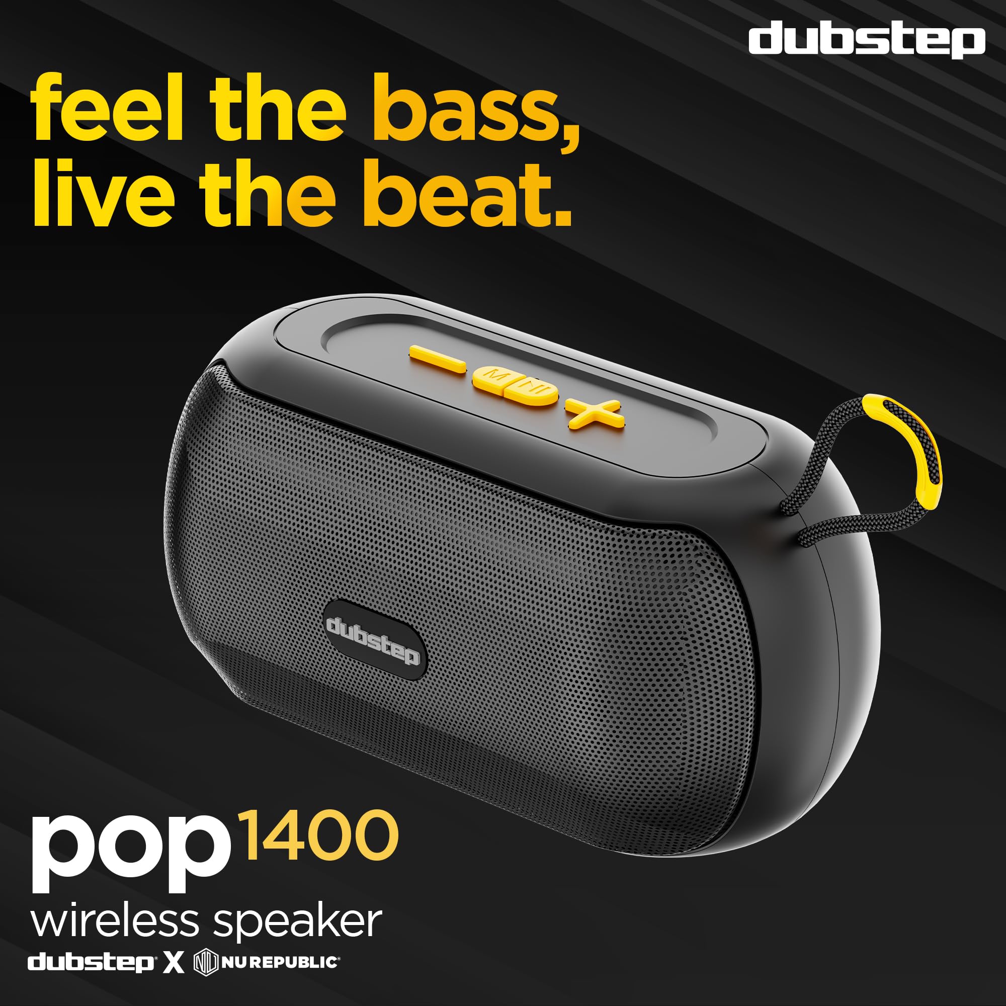 Dubstep Pop 1400 Portable Bluetooth Speaker | 14W Loud Sound, Deep Bass with XBASS, 16 Hrs Playtime, TWS Stereo Pairing, 52mm Driver, Splash-Resistant, Carry Strap (Black) — Amazon image 3