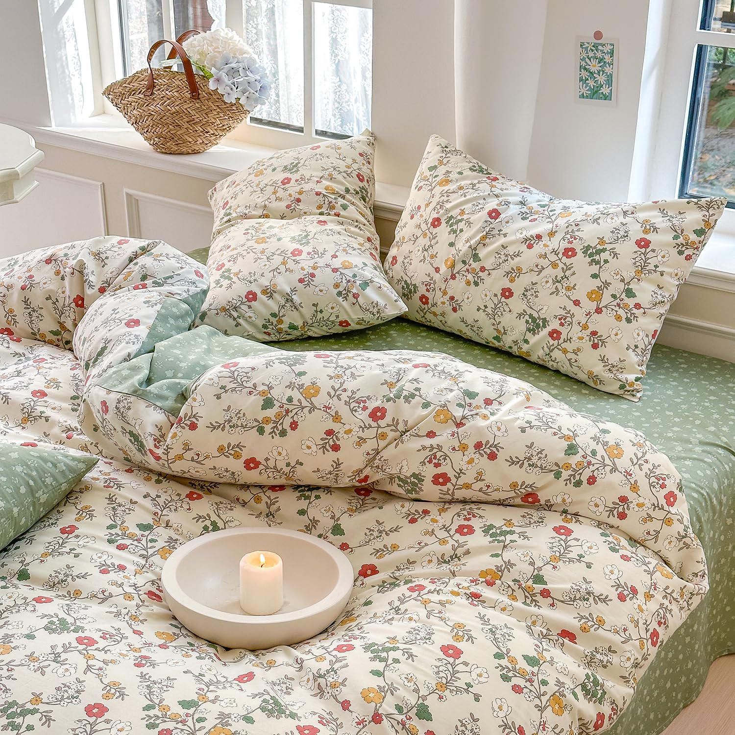 Covebett Floral Duvet Cover 100% Cotton King Beige Green Flowers Meadow Reversible Luxury Breathable Cotton Bedding Set Comforter Cover 220x230 cm with Zipper Closure and 2 Pillowcases 50x75 cm — image 1