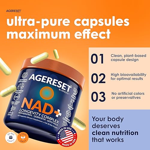 Miniatura 7 de AGERESET Suplemento de nicotinamida adenina dinucleótido NAD+ de 300 mg con resveratrol, quercetina y gotu kola - Energía celular y salud celular -