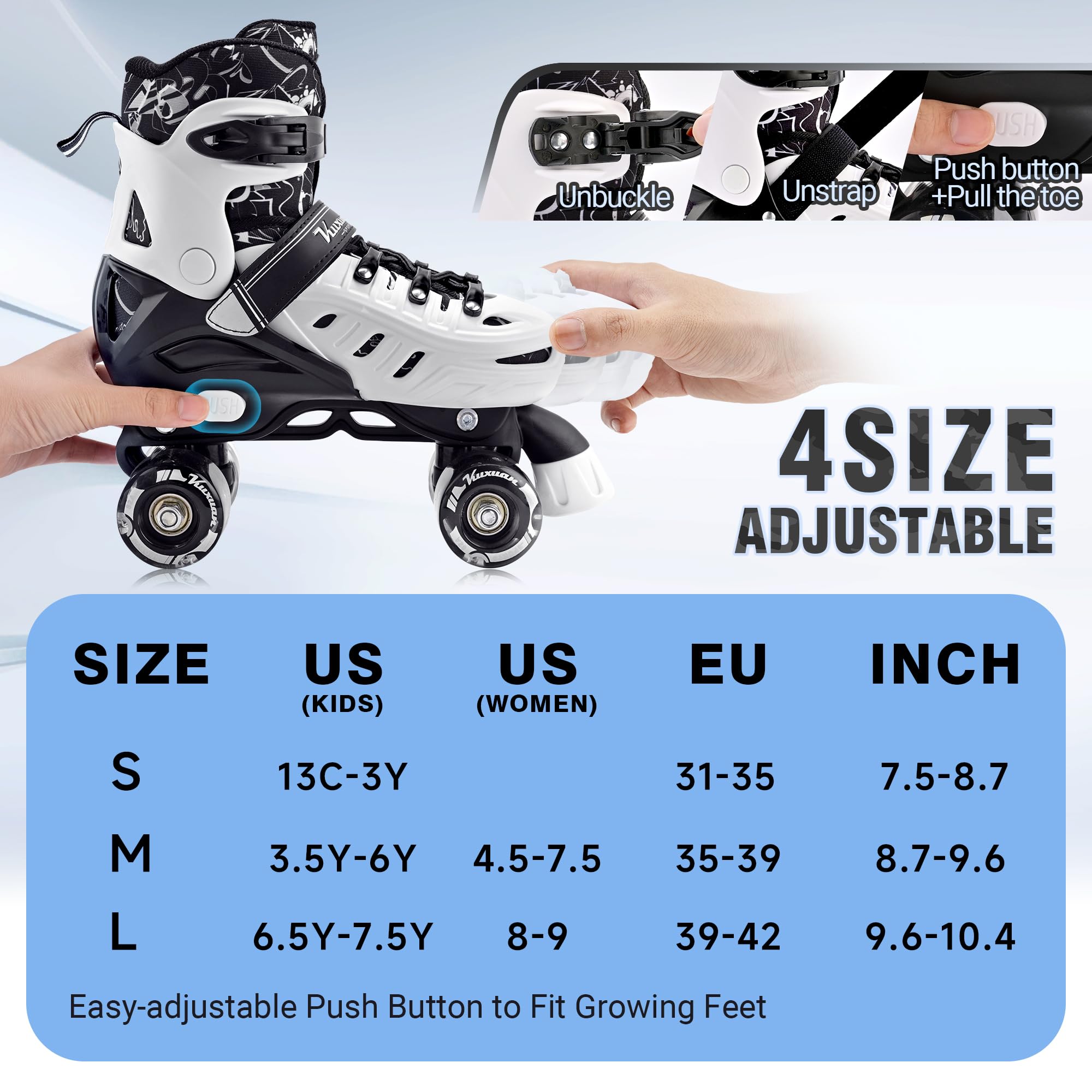 Kuxuan Skates Roller Skates for Girls and Boys Kids, 4 Sizes Adjustable Fun Kids Toddler Rollerskates with Light up Wheels for Teens Women Indoor Outdoor