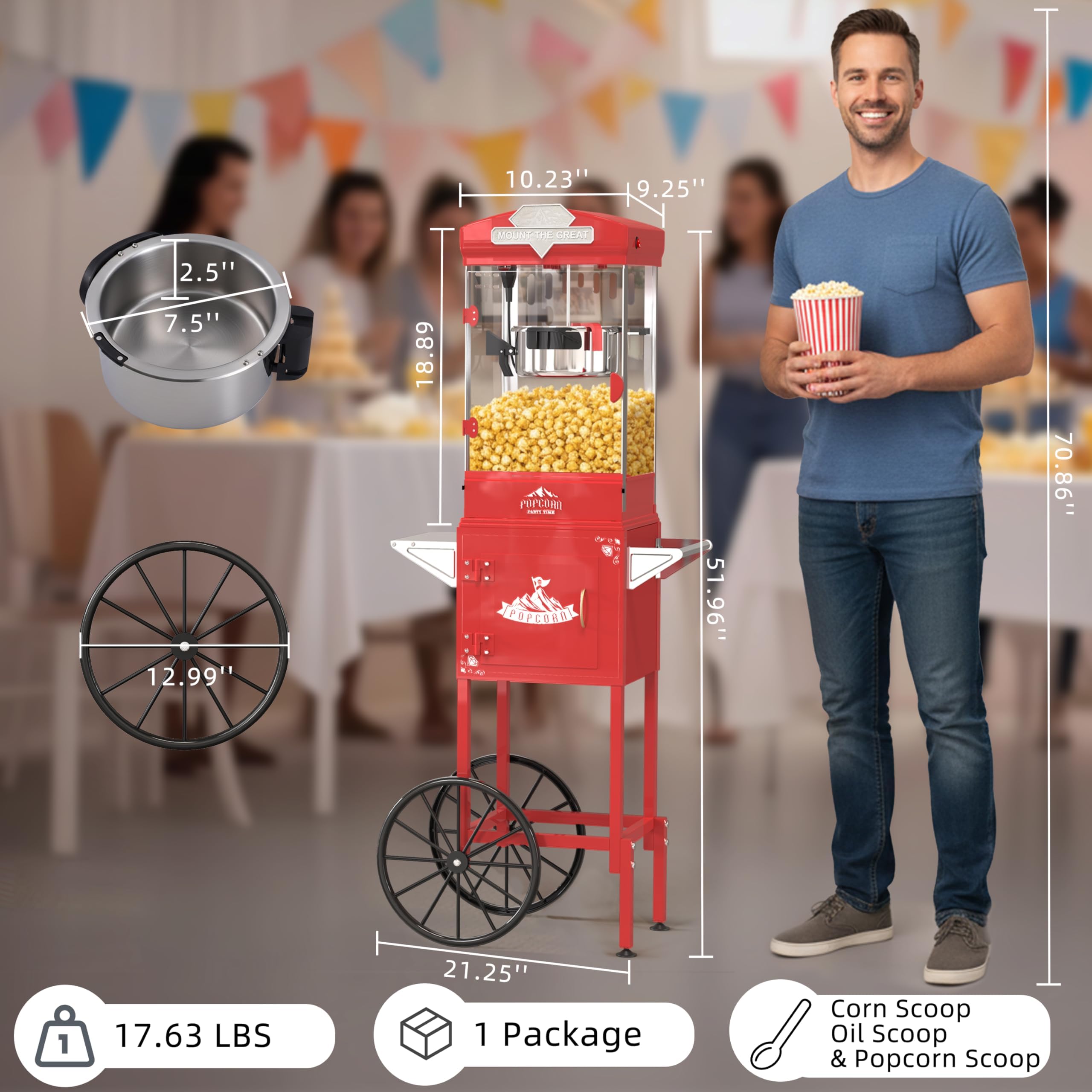 Máquina de palomitas de maíz, carrito de estilo vintage con ruedas, para hacer hasta 40 tazas, ideal para uso doméstico y comercial, calidad de cine