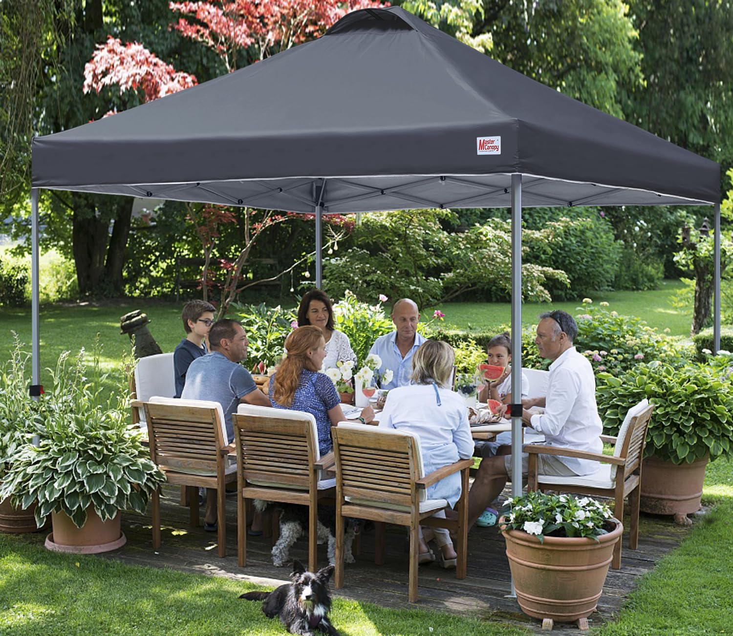 MasterCanopy Pop-up-Pavillon 3x3 Schnellaufbau, 3-Fach höhenverstellbar, UPF50+, wasserabweisend, inkl. Rolltasche + 4 Sandsäcke, für Camping, Events, Garten, Darkgrau