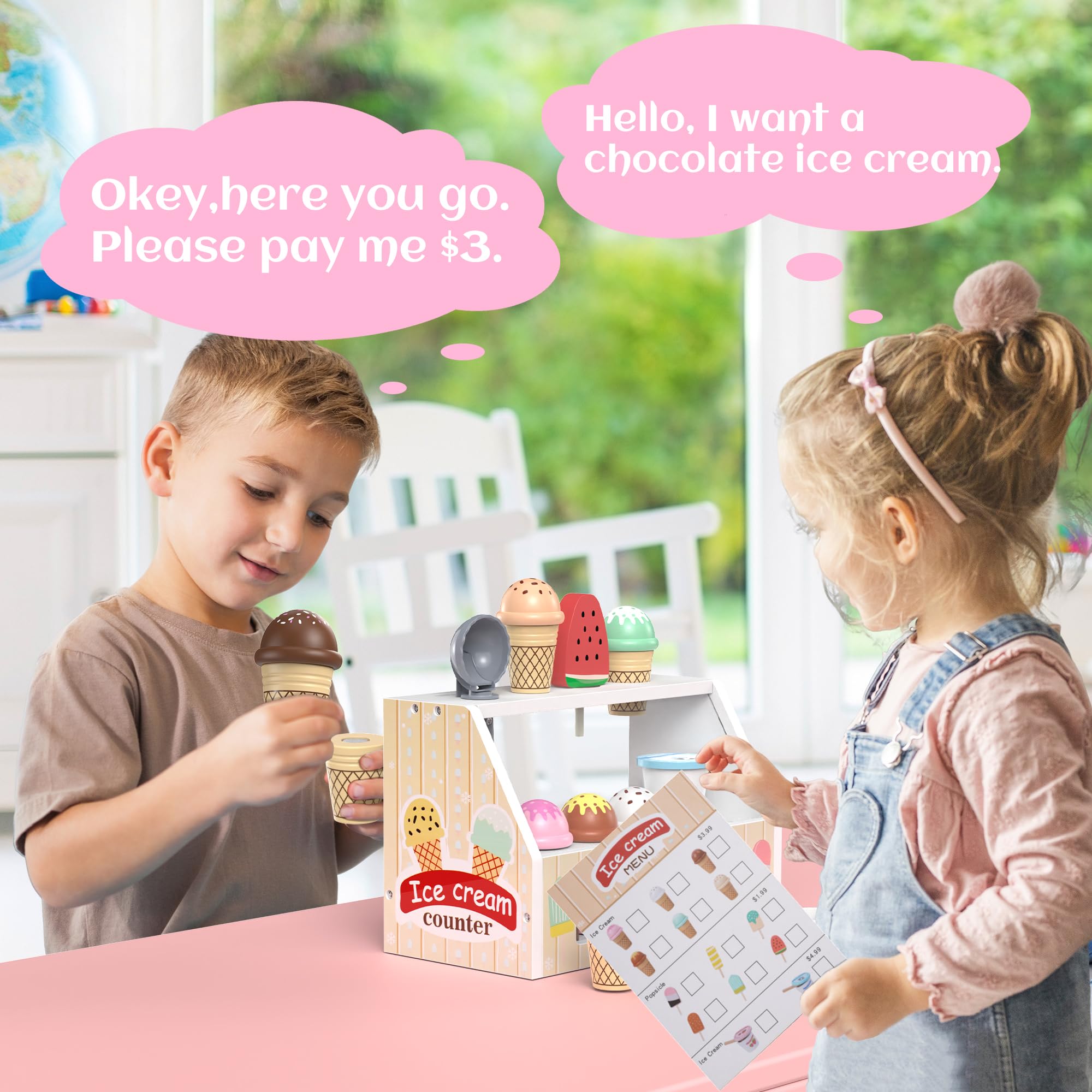 Heladería Juguetes de Madera para niños de 3 4 5 6 años niñas, Accesorios de Cocina para niños, Tienda de Compras, Accesorios de Cocina de Juego de Madera, heladería Regalos niñas
