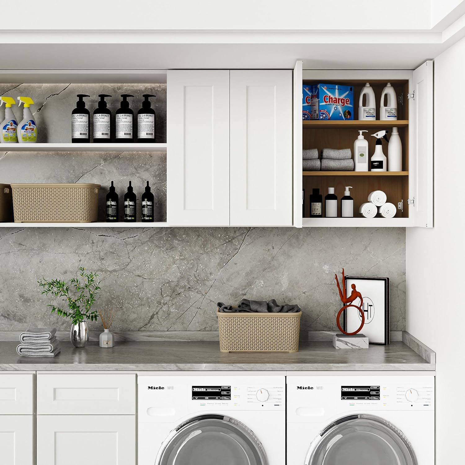 Solid Wood Laundry Room Wall Cabinets, 24 Inch Wide 12" Deep Large Hanging Storage Cabinets, RTA Medicine Organizer with 2 Shaker Doors, Easy Assembly for Kitchen, Bathroom - White