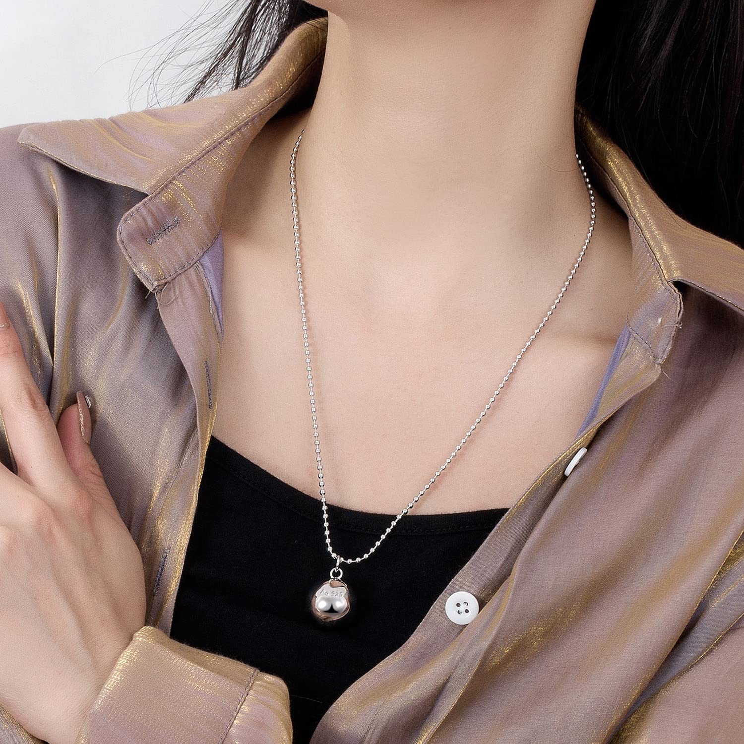 Dankadi - Collar fino y colgante de cascarilla redonda de 925 plata, cadena lisa, llamador de ángeles, longitud 45-50-55-60-65 cm, regalo de joya musical para mujer