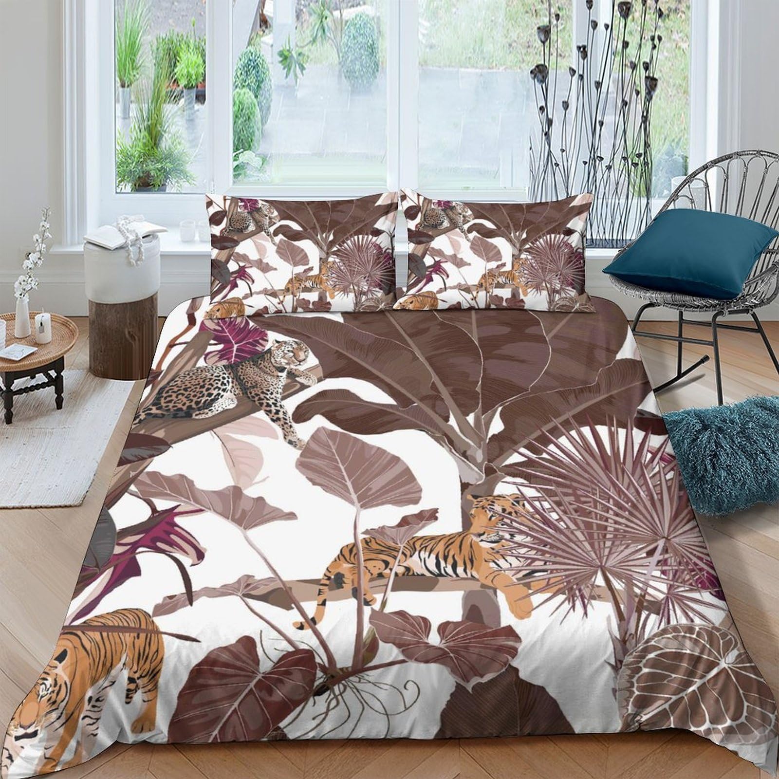 GPLZQXKJNH 3D Printed Jungle Tiger Duvet Cover Microfiber Soft Breathable Leaf Bedding Set with 2 Pillowcases for Bedroom Decor Single（135x200cm）