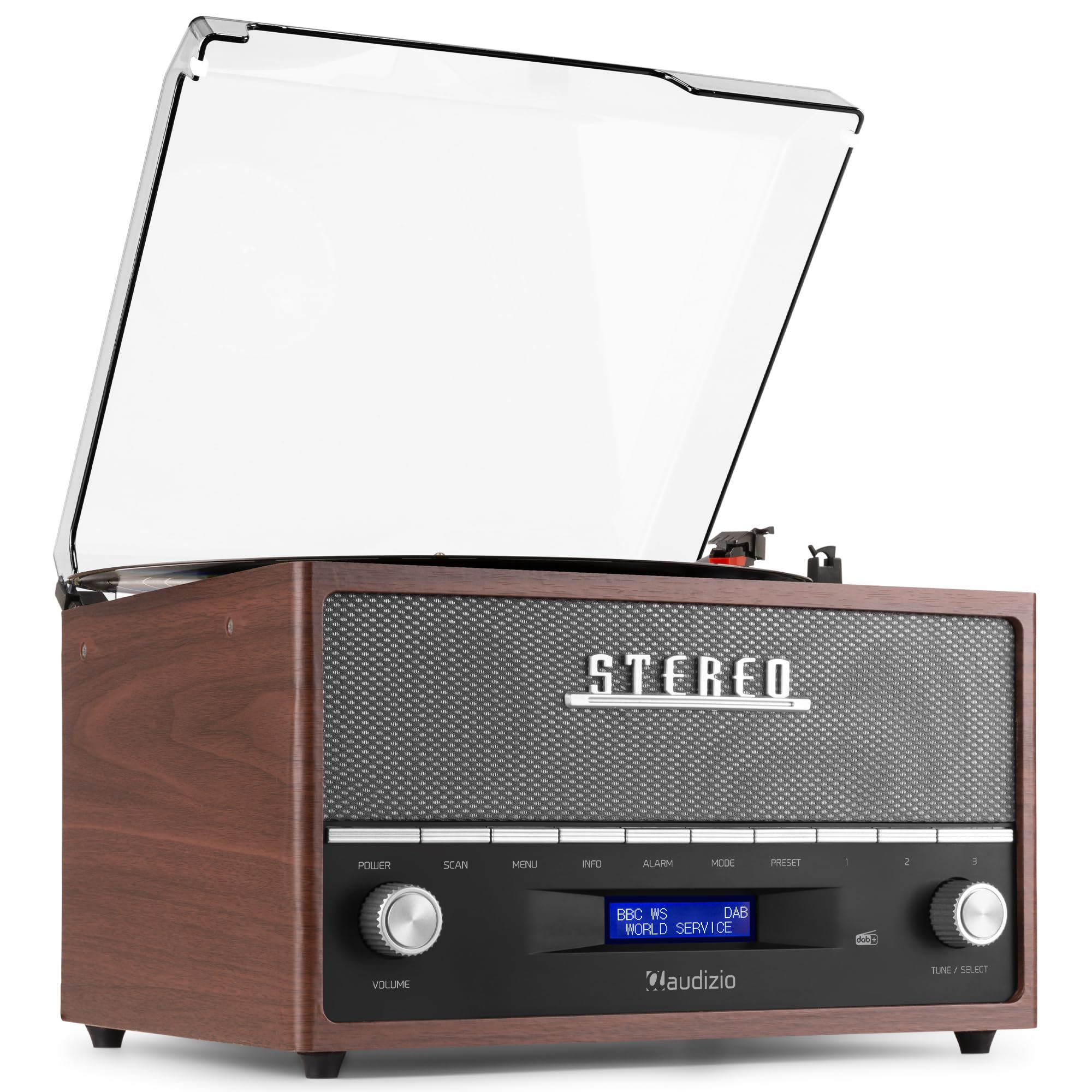 Audizio Frisco Platine Vinyle Bluetooth avec Radio Dab+ Intégrée - Marron, Radio Dab+ et FM avec Haut-Parleur Intégré, 33, 45, 78 Tours, Idéale pour écouter Vos vinyles préférés