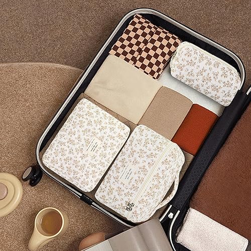 Miniatura 7 de Bolsa de maquillaje acolchada de algodón, 3 piezas, bolsa de cosméticos de viaje, bolsa de maquillaje floral, bolsa de aseo grande para mujeres y