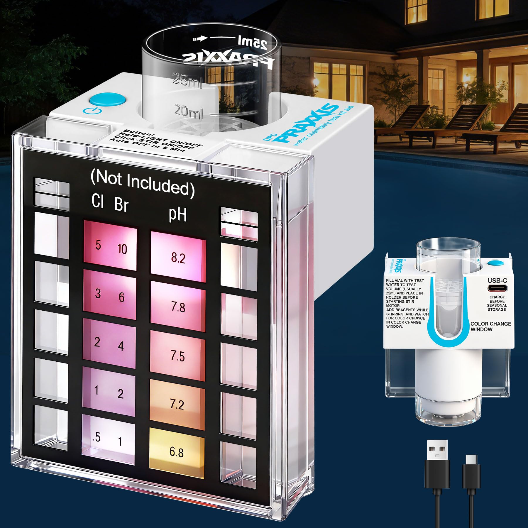 PRAXXIS Kit per test di chimica dell'acqua della piscina, scatola luminosa a scatto, agitatore magnetico automatico integrato, miscelatore magnetico con controllo a pulsante, kit di test dell'acqua