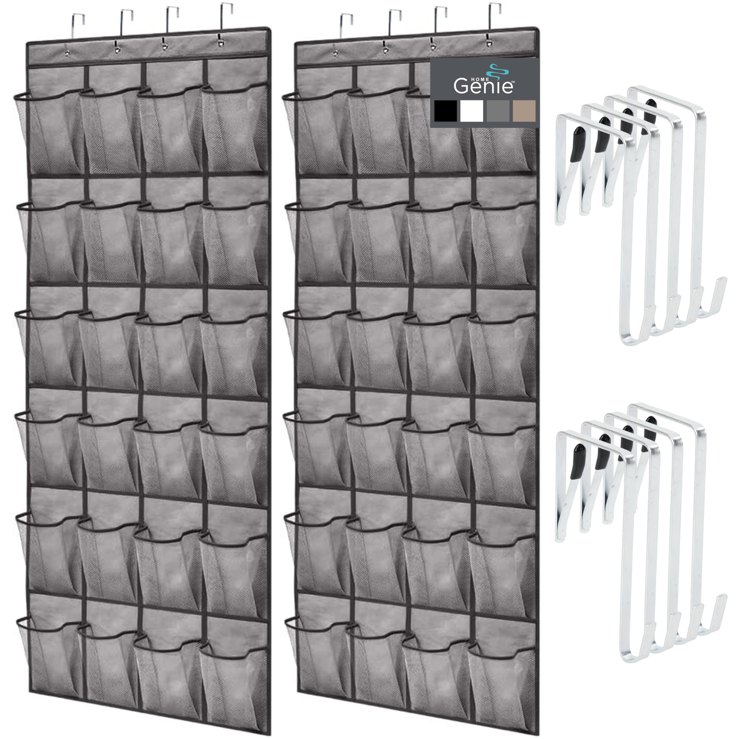 HOME GENIE 24 Pocket Strong Space Saving Over Door Shoe Organizer, Holds Up to 40 Pounds, Stay In Place Hooks Large Breathable Mesh Pocket Hanging Behind Closet Caddy Holder, Cabinet Rack, 2 Pack Gray