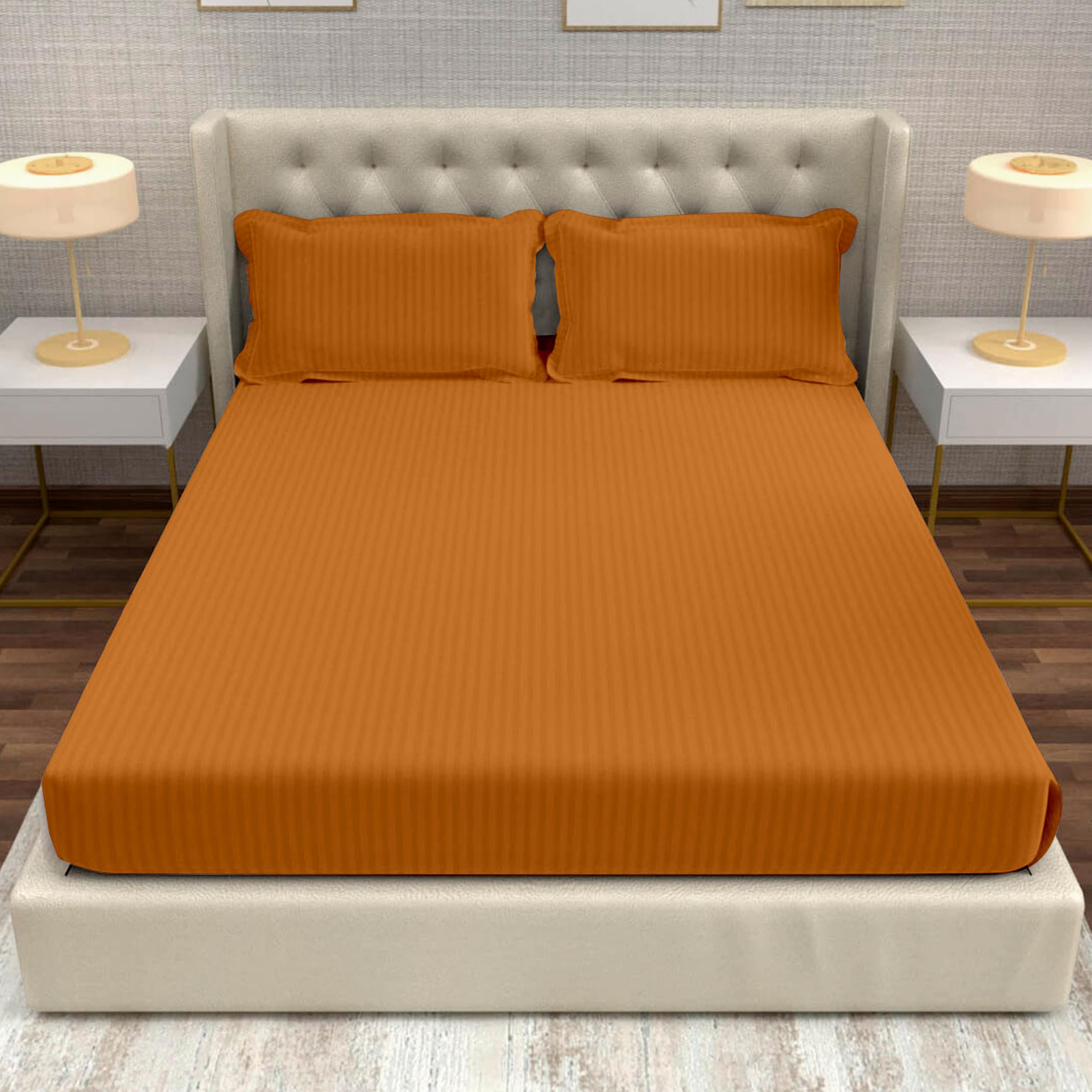 Divine Casa 210 TC Cotton King Size Bedsheet Italian Stripe Pattern | Soft Breathable Bed Sheet Set with 2 Pillow Covers | Elegant Home Bedding for King Size Bed | 275 x 275 cm (Mustard, Striped)