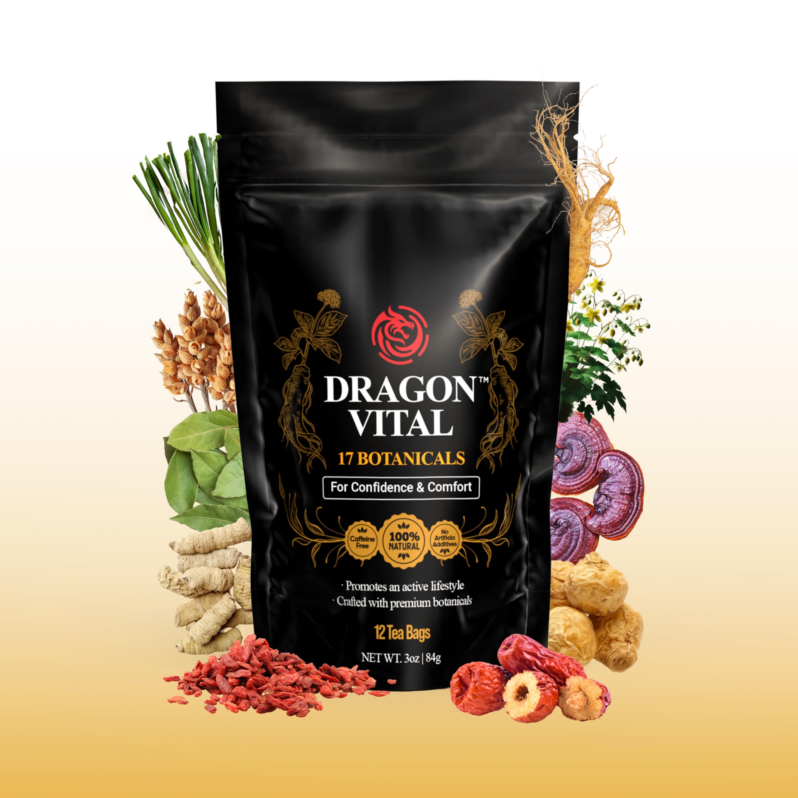 Dragon Vital Herbal Tea with Ginseng & Maca – Natural Energy Support | Caffeine-Free Botanical Blend for Vitality & Active Living | All natural -