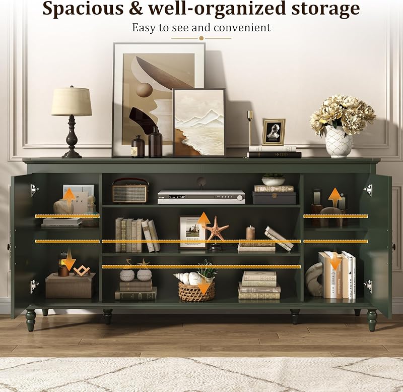 Modern Farmhouse TV Stand, 70" Media Console with Doors & Shelves, Green image 4